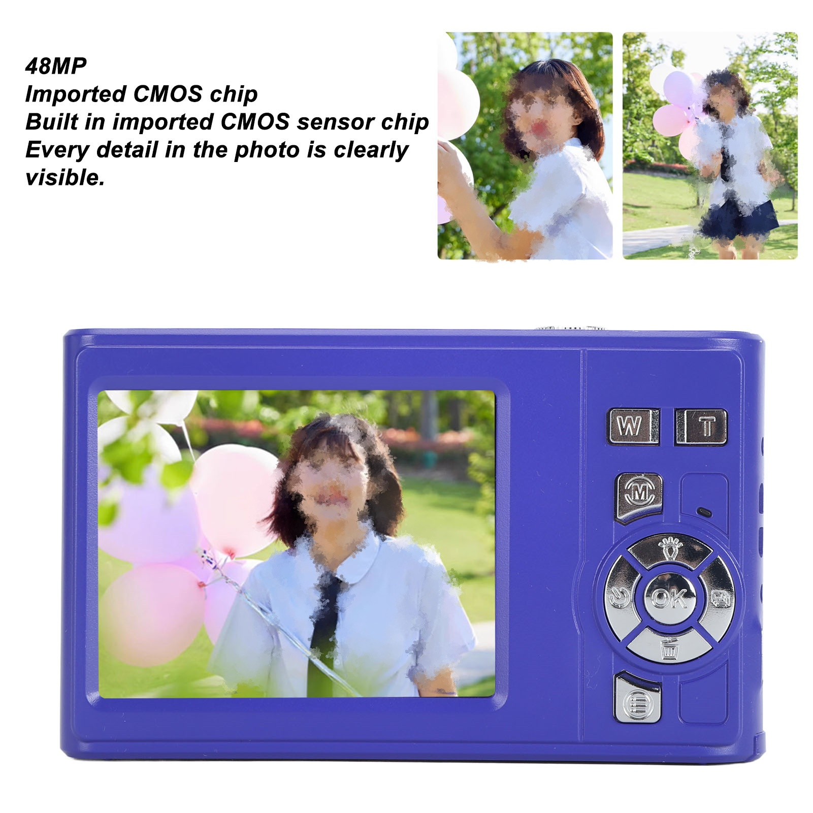 Eine lila Digitalkamera, die ein Foto auf ihrem Bildschirm zeigt. Auf dem Foto sind zwei Mädchen mit Ballons.