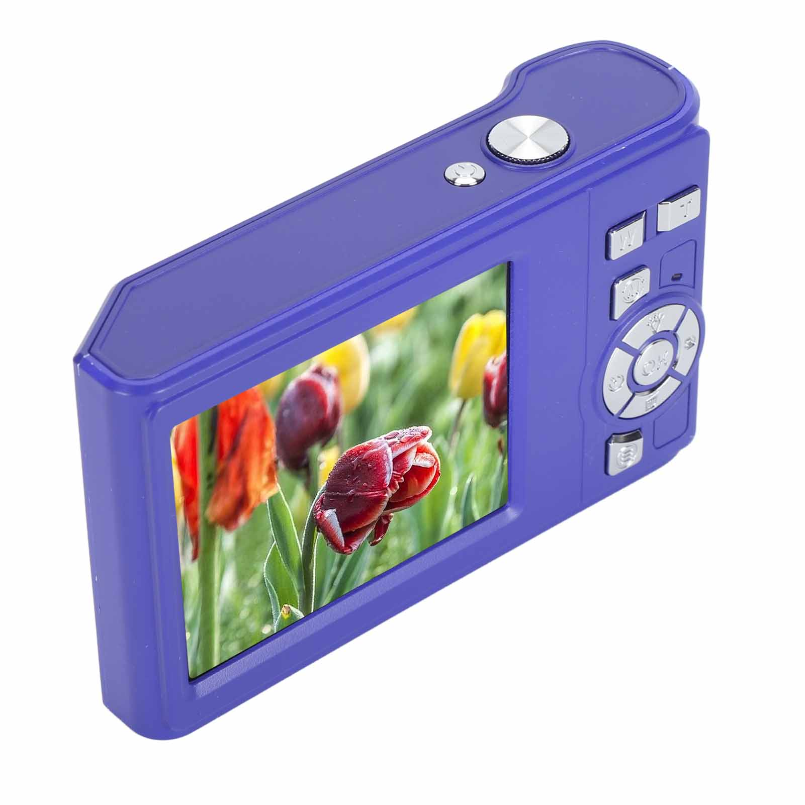 Lila Digitalkamera. Das Display zeigt ein Foto von roten und gelben Tulpen. Weißer Hintergrund.