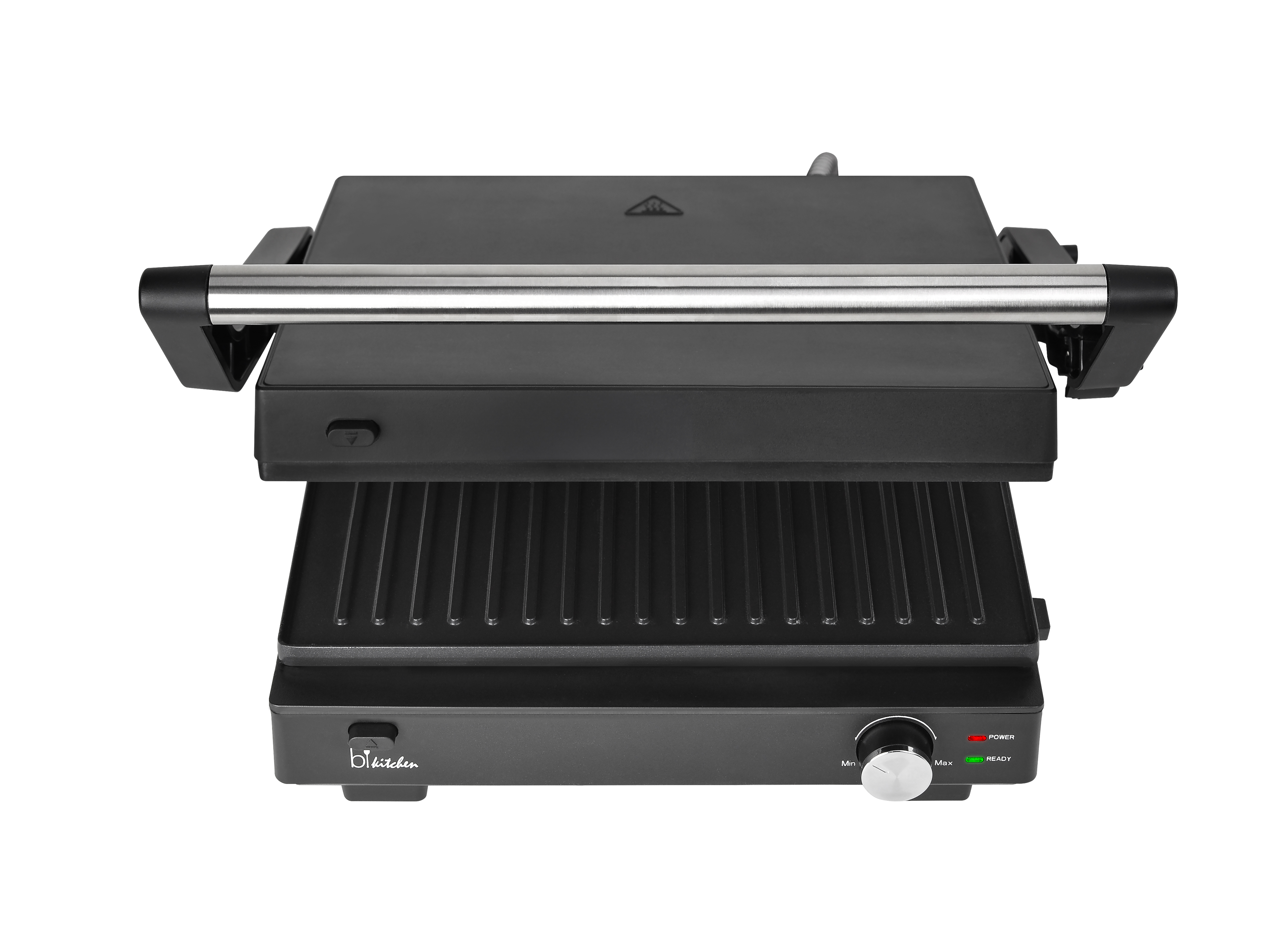 Schwarze Panini-Presse mit Edelstahlgriff, geöffnet, um Grillplatten zu zeigen, auf weißer Oberfläche.