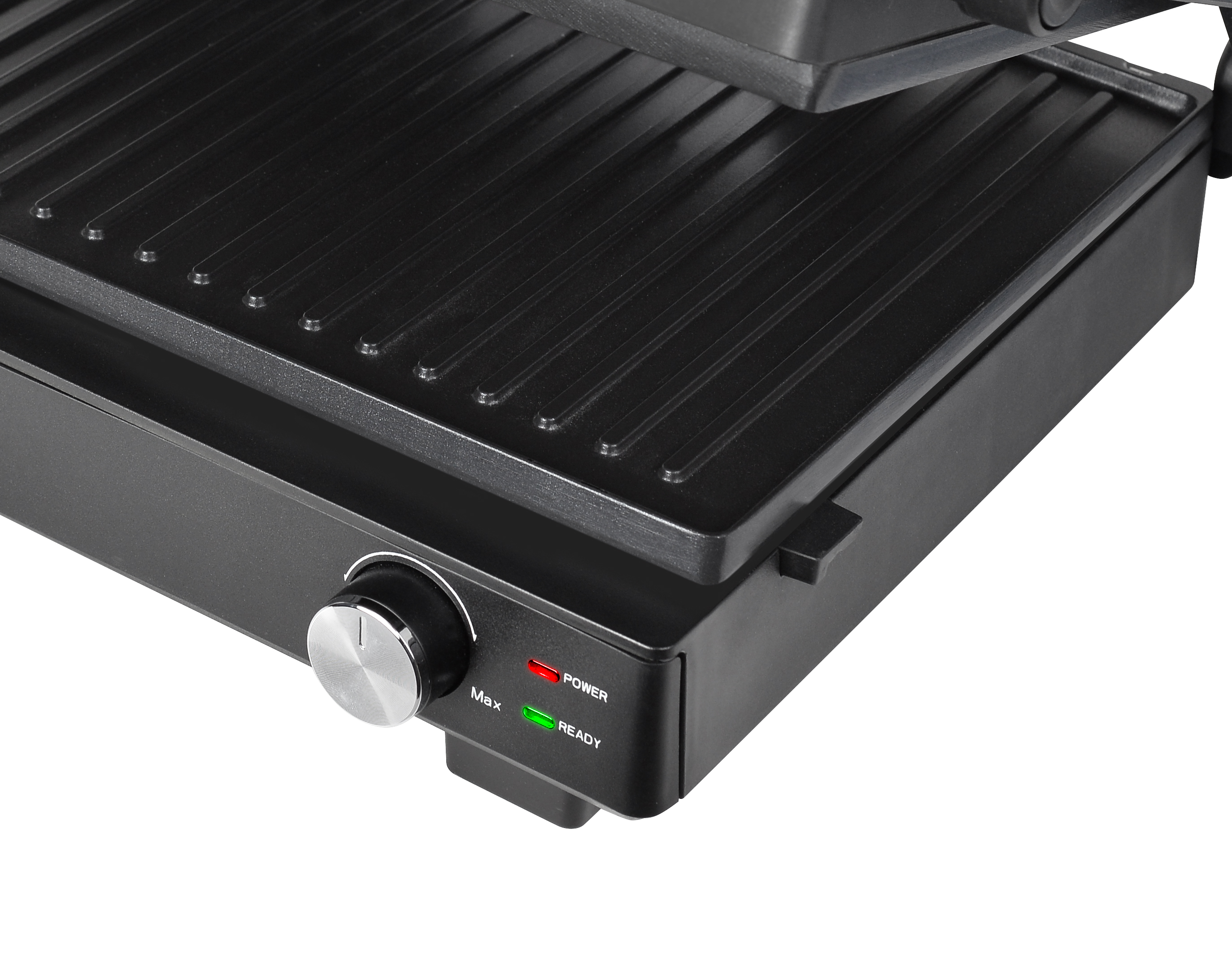 Schwarze Panini-Presse mit Power- und Bereitschaftsleuchte und Temperaturregler.