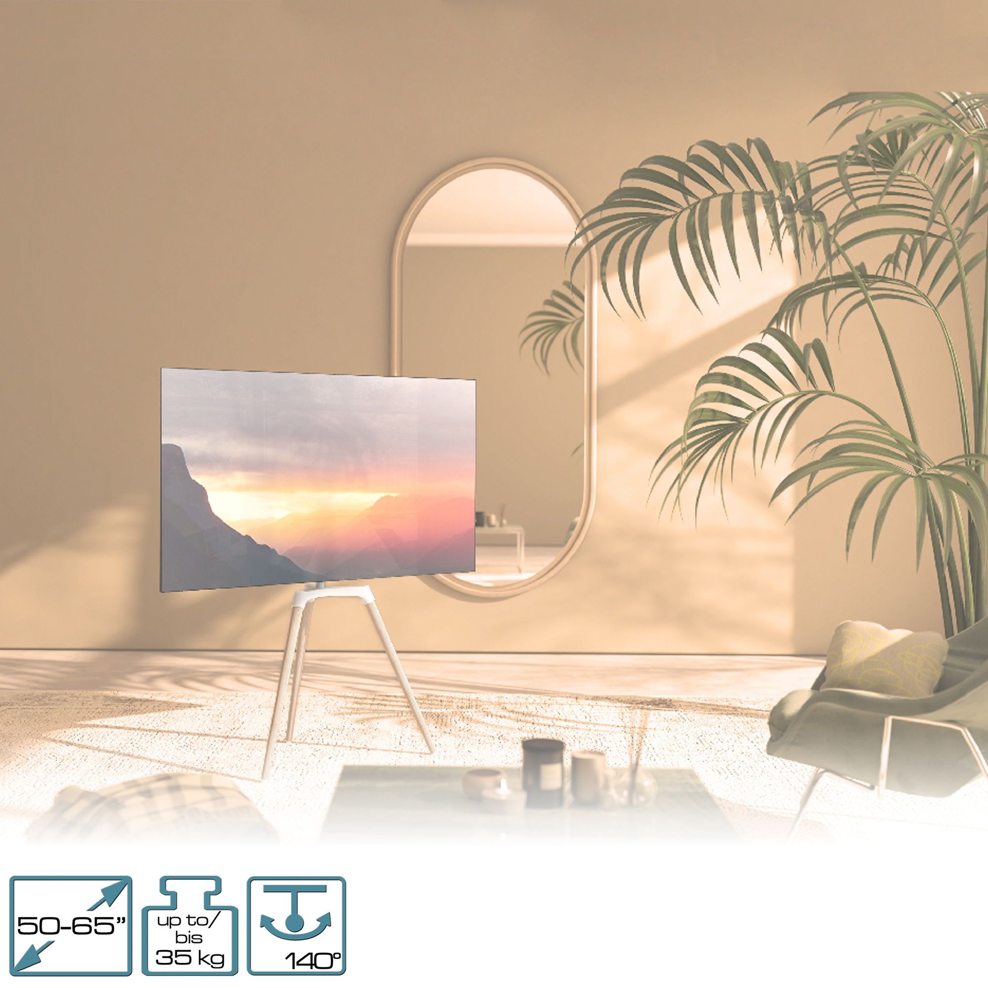 Fernseher auf einem weißen Ständer in einem modernen Wohnzimmer. Text: 50-65", bis zu 35 kg, 140°.