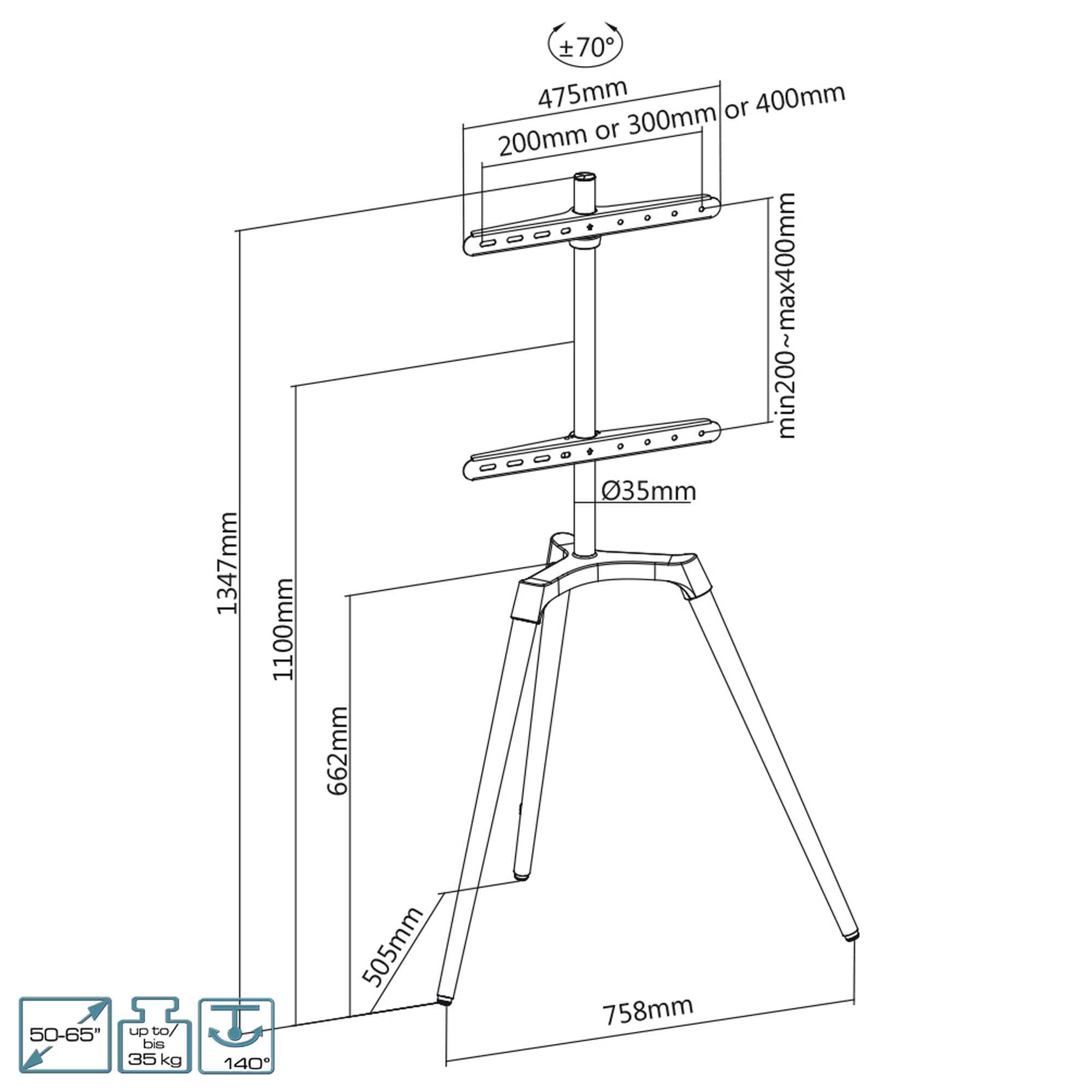 Diagramm eines TV-Ständers mit Abmessungen und Maßen in mm, mit weißem Hintergrund.