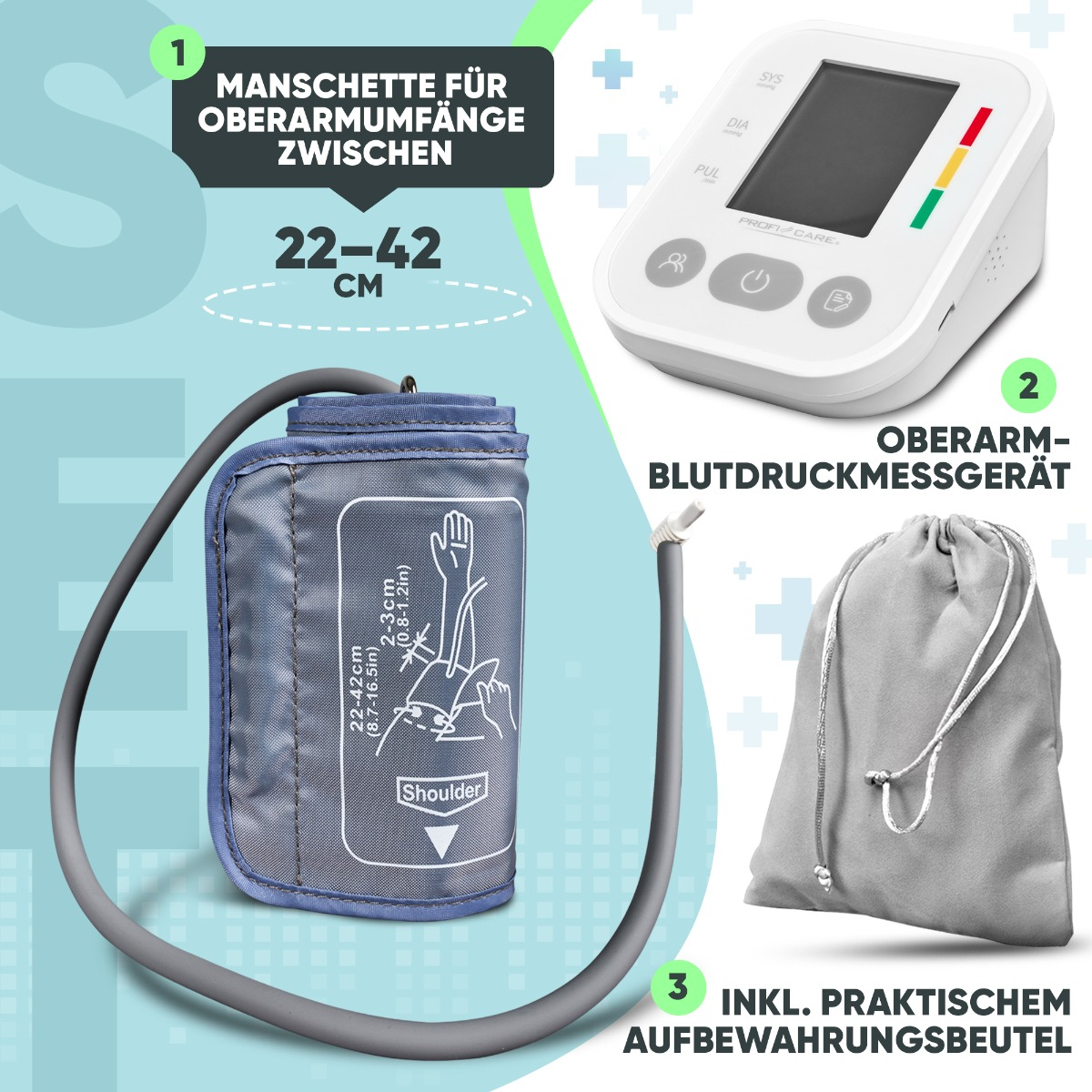 Blutdruckmessgerät mit Manschette, Messgerät und Aufbewahrungstasche. Weiße und blaue Farben.