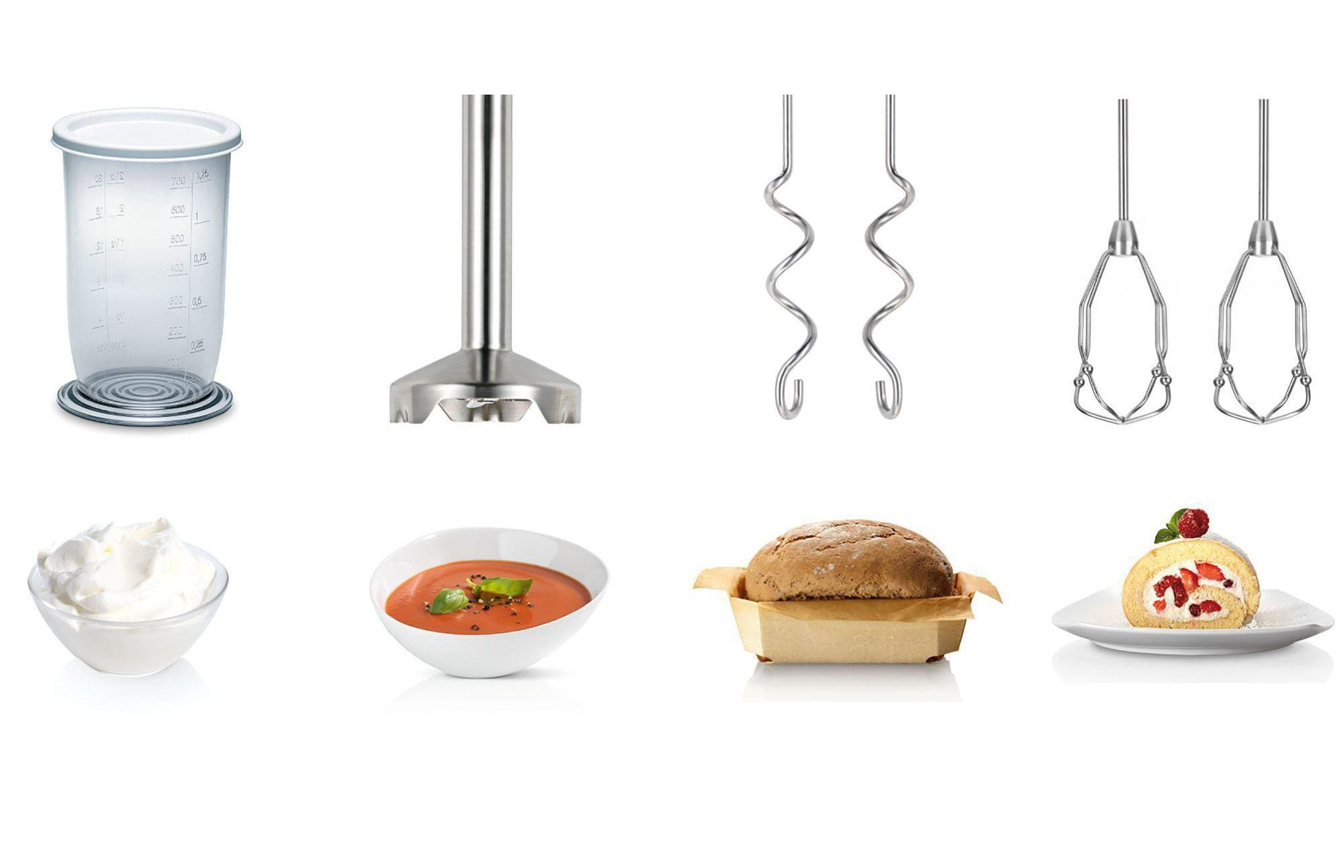 Blender accessories: cup, whisk, chopping blade, and food items. White background.