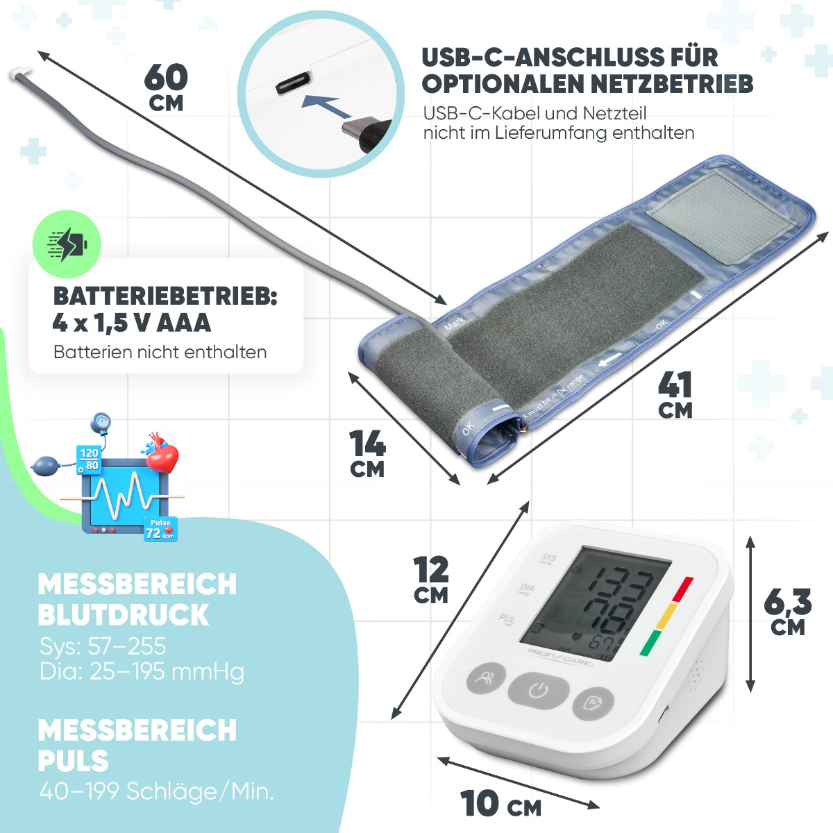 Ein Blutdruckmessgerät mit Armmanschette und digitaler Anzeige, mit Messwerten und Text.
