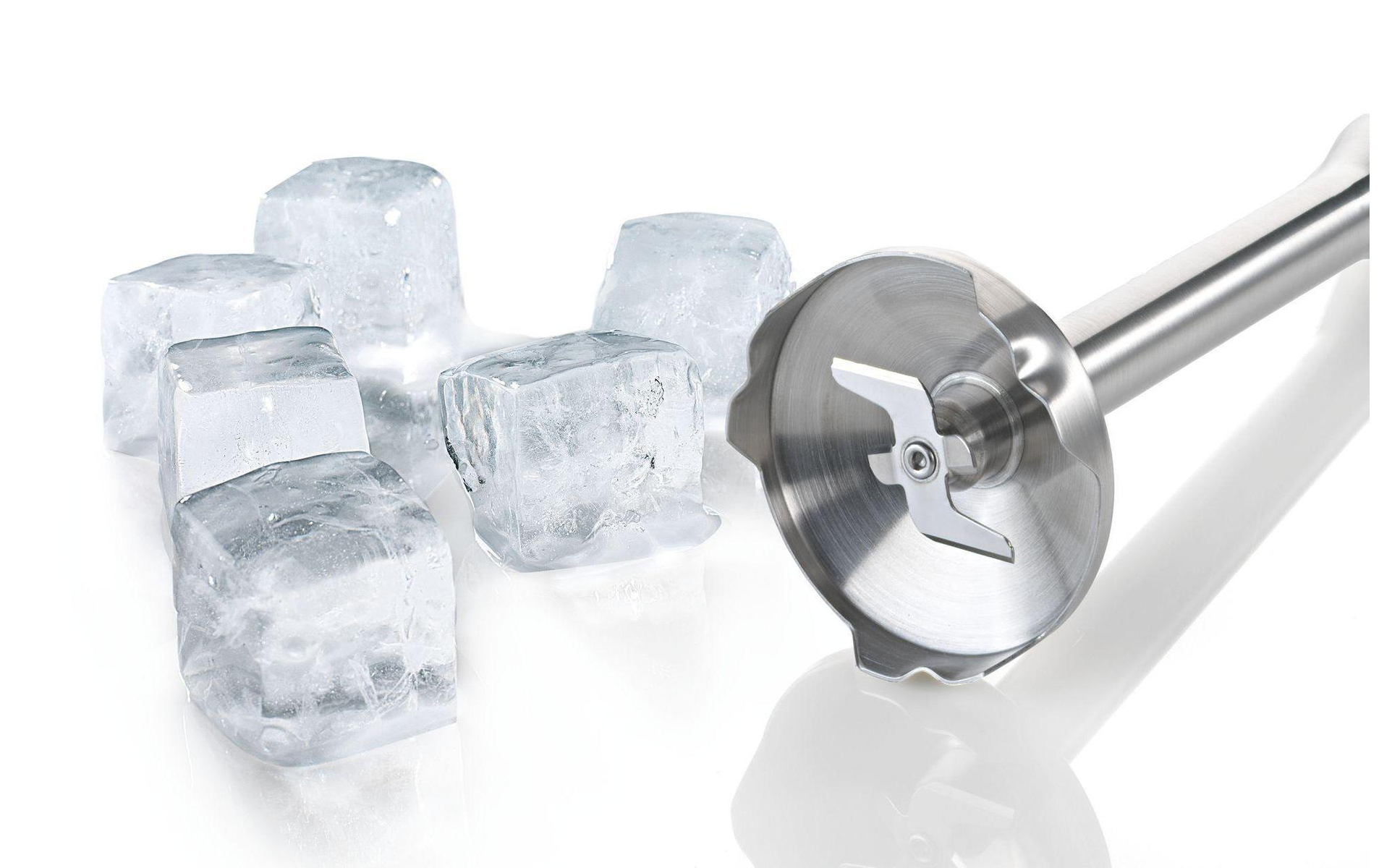 Ice cubes next to a blender blade. Silver blade on a white background.