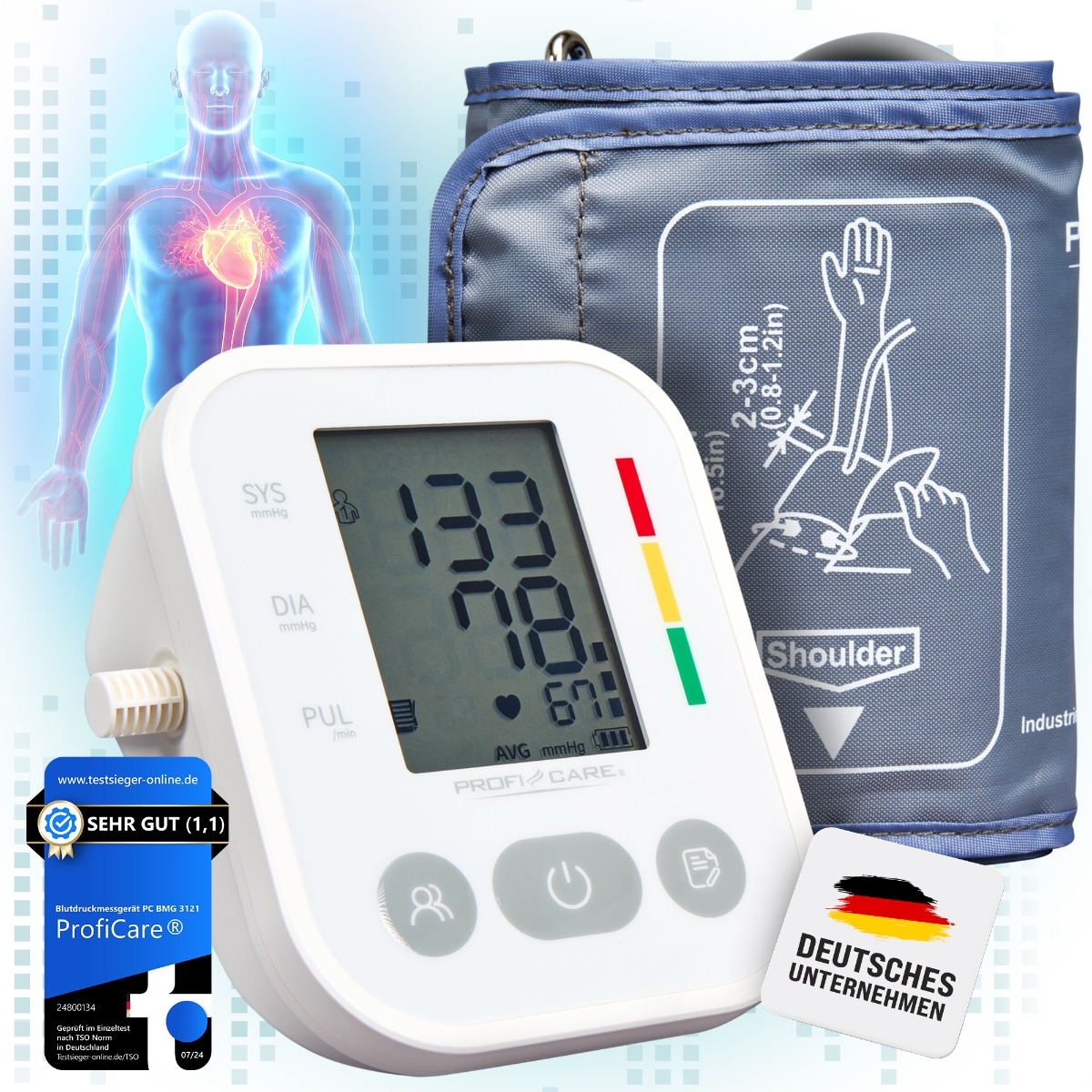 Ein Blutdruckmessgerät mit Manschette und Digitalanzeige. Das Bild hat Marketinggrafiken.