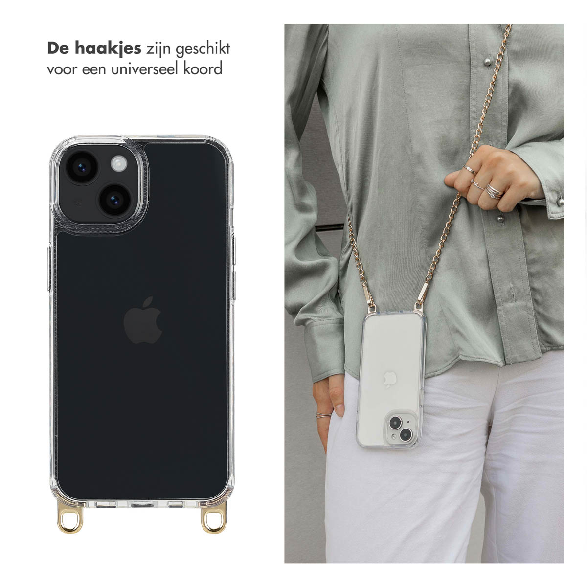 Une coque de téléphone transparente avec une chaîne dorée. Une personne portant la coque.