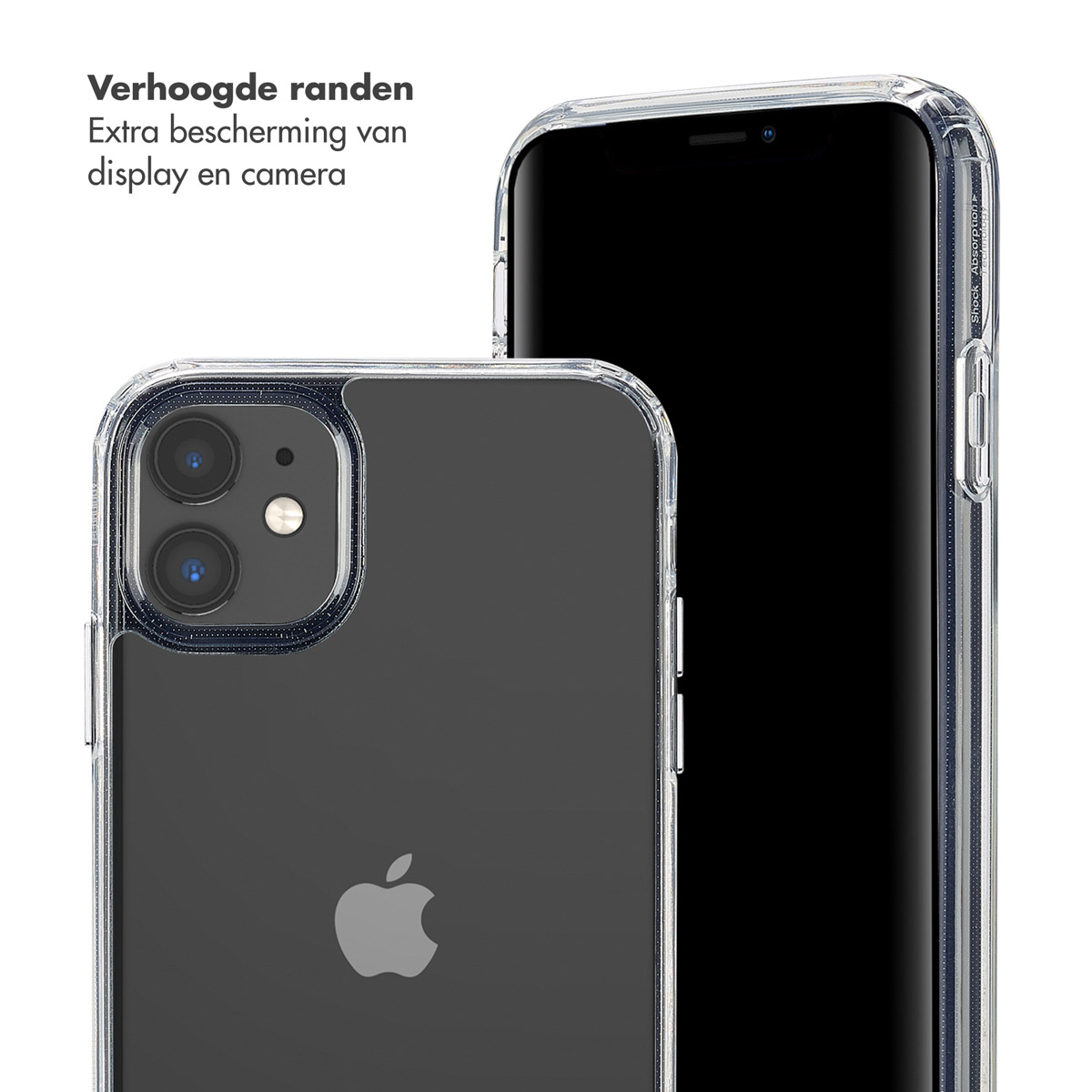 Deux smartphones avec étuis, montrant les vues arrière et latérales. Étuis noirs et transparents visibles.