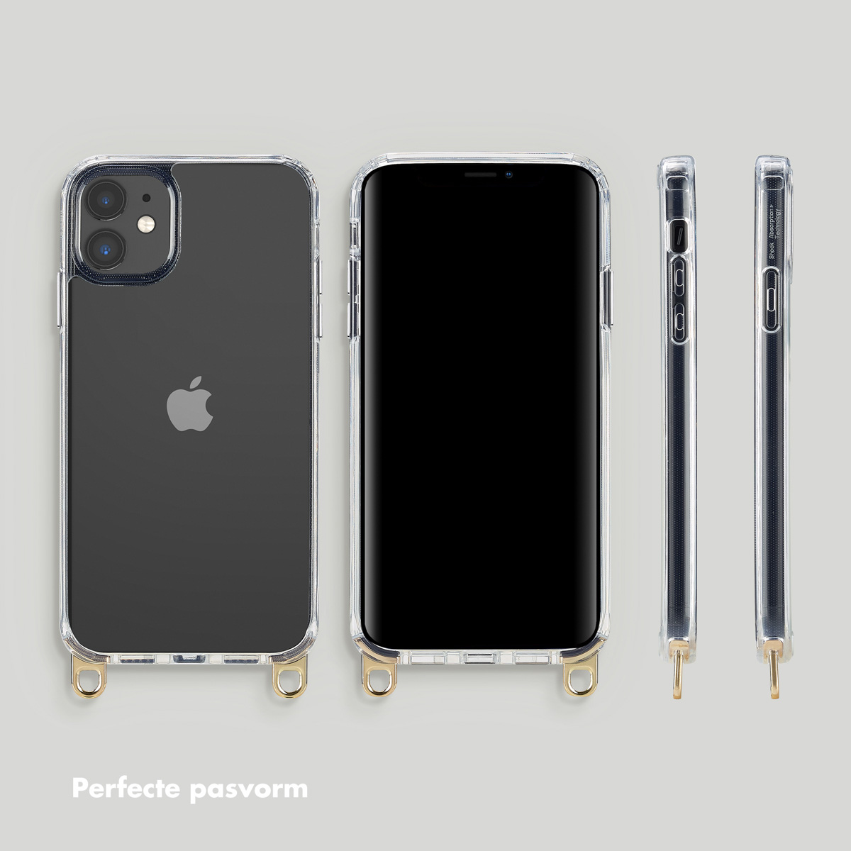 Coque transparente avec détails dorés. Téléphone visible. Texte: 'Ajustement parfait'.