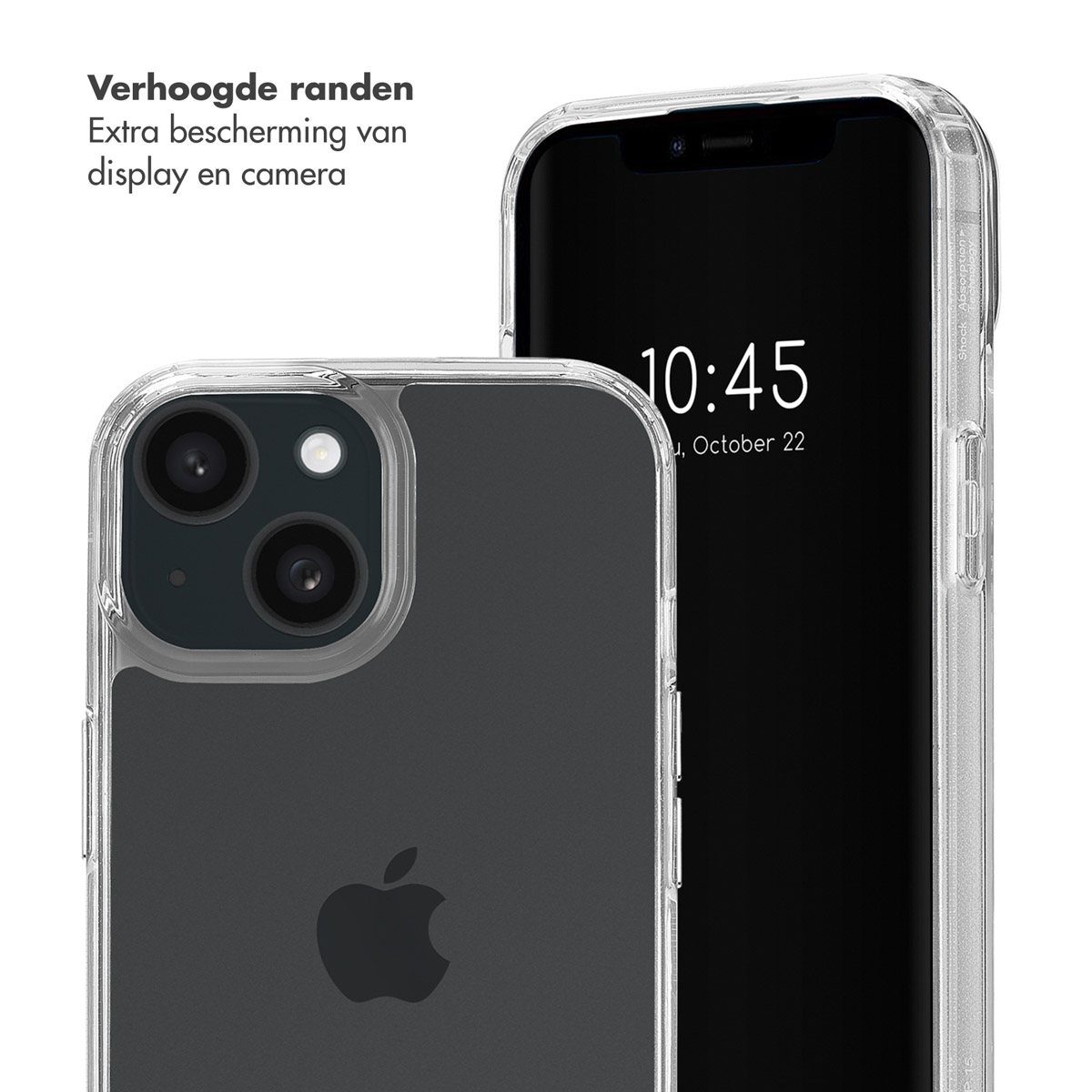 Phone in a clear case, text 'Verhoogde randen' on top. iPhone and case shown.