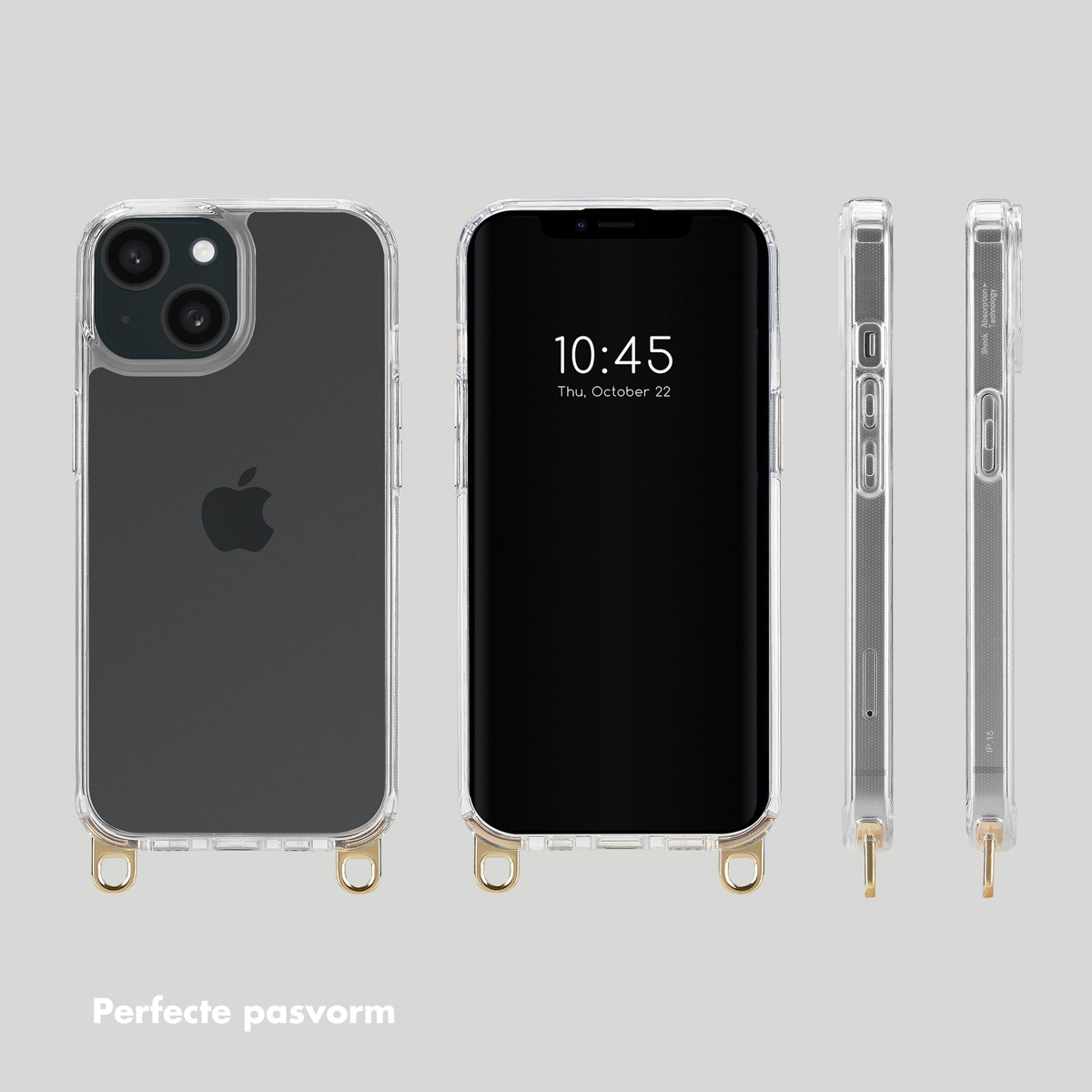 Four views of a phone in a clear case. The phone displays a time. The case has golden rings.