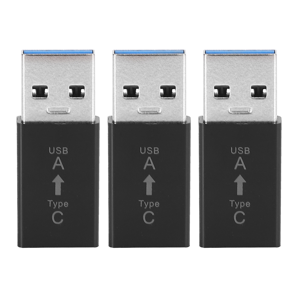 Drei schwarze USB-A-zu-USB-C-Adapter, beschriftet.