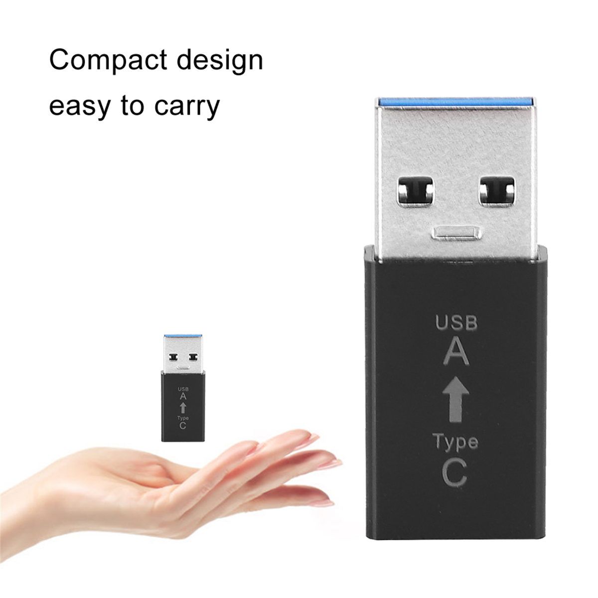 USB-Adapter: Typ C zu Typ A. USB-Anschluss, Hand und kleinere Version. Text: Kompaktes Design, einfach zu transportieren.