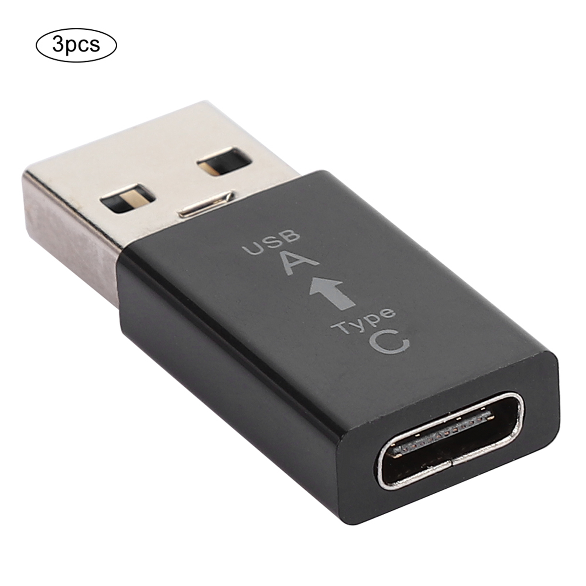 Schwarzer USB-zu-USB-C-Adapter. Aufschrift: 'USB A' und 'Type C'. Weißer Hintergrund.