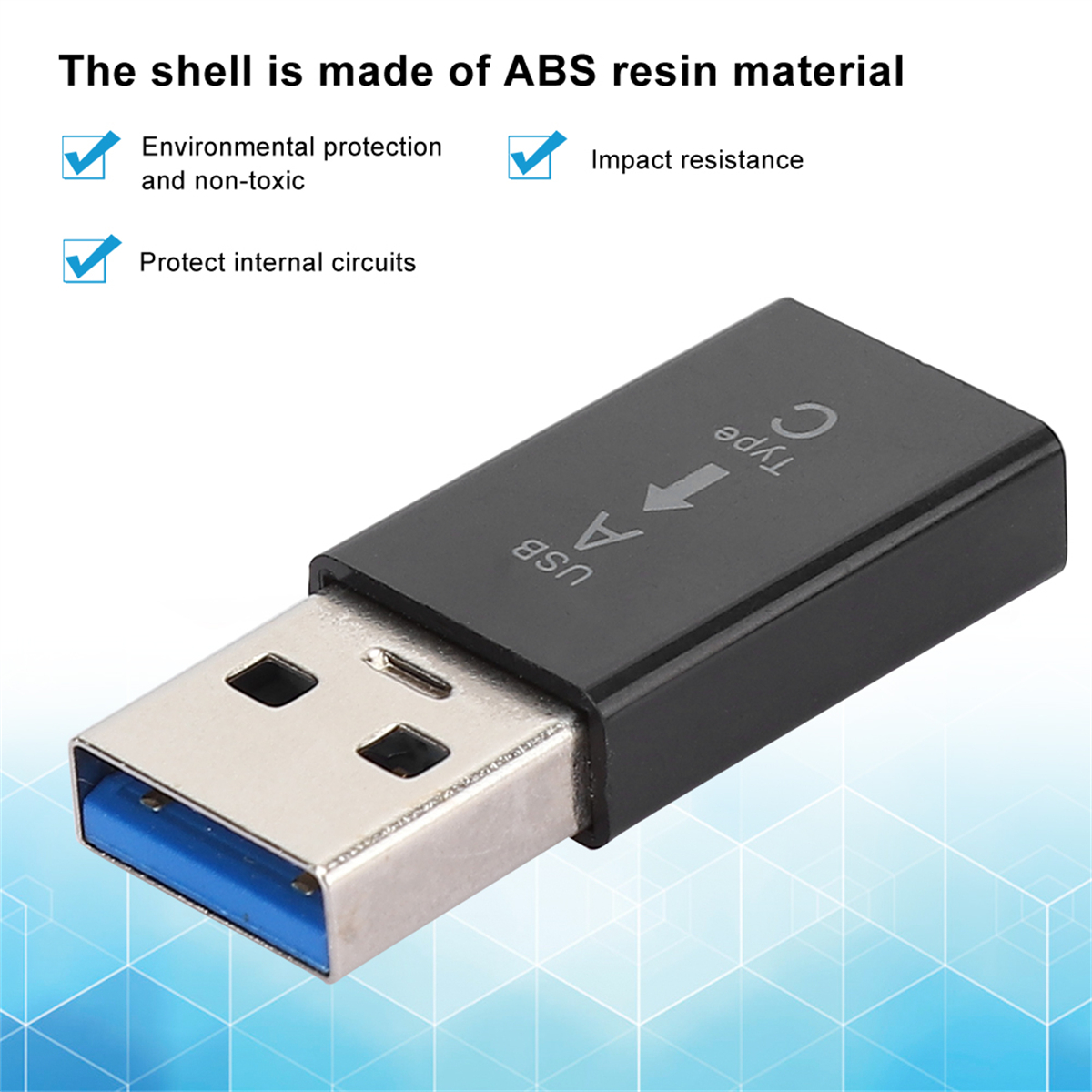 Ein schwarzer USB-C-zu-USB-A-Adapter. Text darauf: USB A und Typ C. Das Gehäuse ist schwarz.