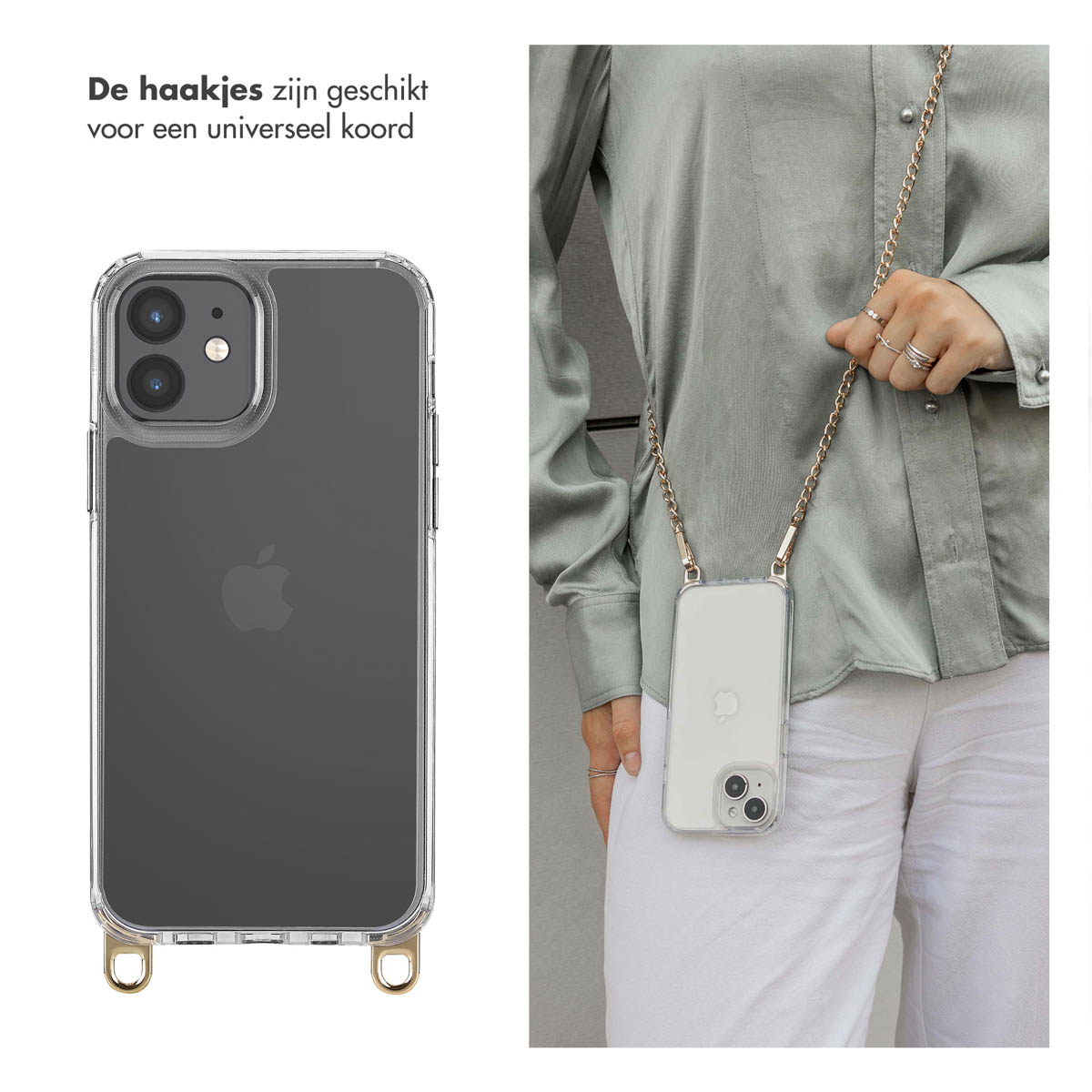 Een iPhone zit in een doorzichtig hoesje. Een vrouw draagt de telefoon aan een ketting. De tekst 'De haakjes zijn geschikt' wordt getoond.