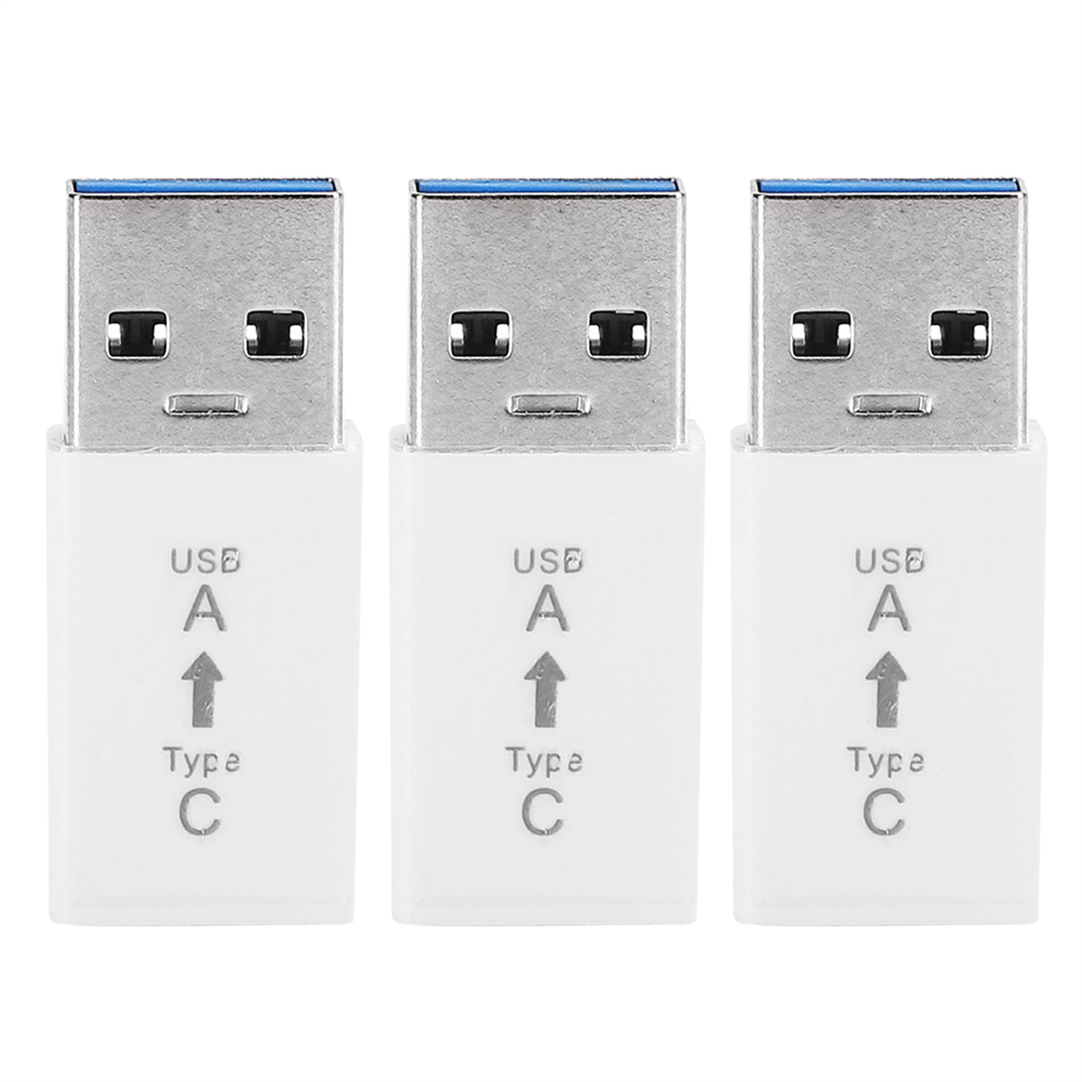 Drei weiße USB-zu-USB-C-Adapter, mit Pfeilen und Beschriftungen.