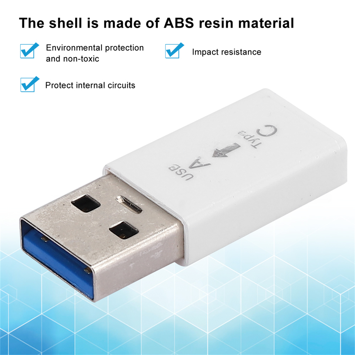 Ein weißer USB-Adapter mit einem blauen USB-A-Anschluss und einem USB-C-Anschluss. Text: 'Typ C'.