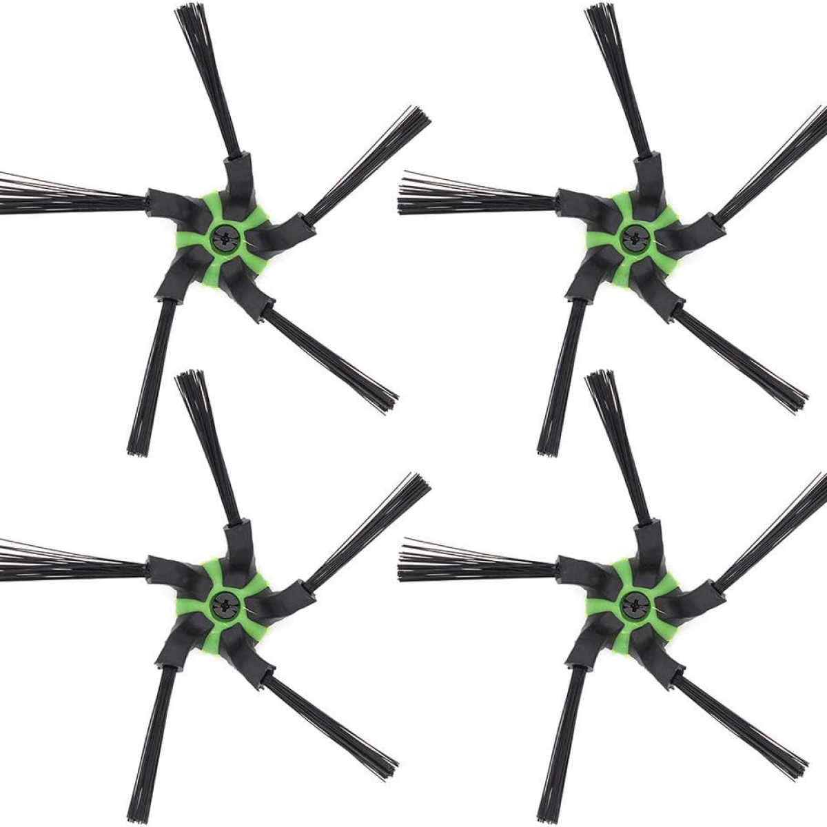 Cztery czarne i zielone szczotki do robota odkurzacza. Mają kształt gwiazdy.