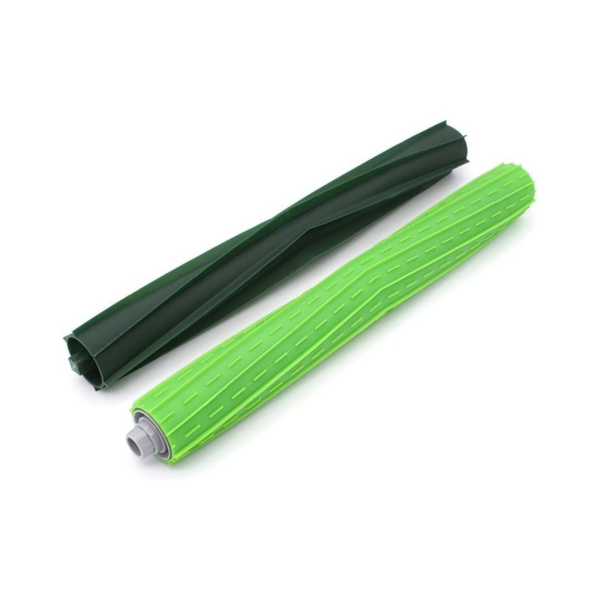 Dwa zielone i czarne wałki do odkurzacza. Jeden ze spiralnym wzorem, a drugi z prostym.