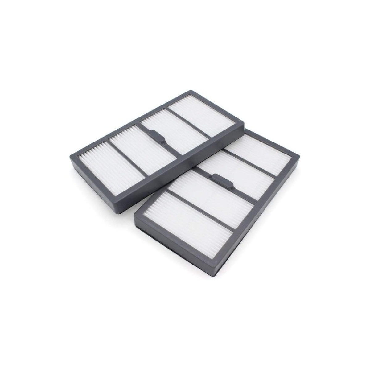 Dwa prostokątne filtry do odkurzacza w szarej ramie, wyizolowane na białym tle.