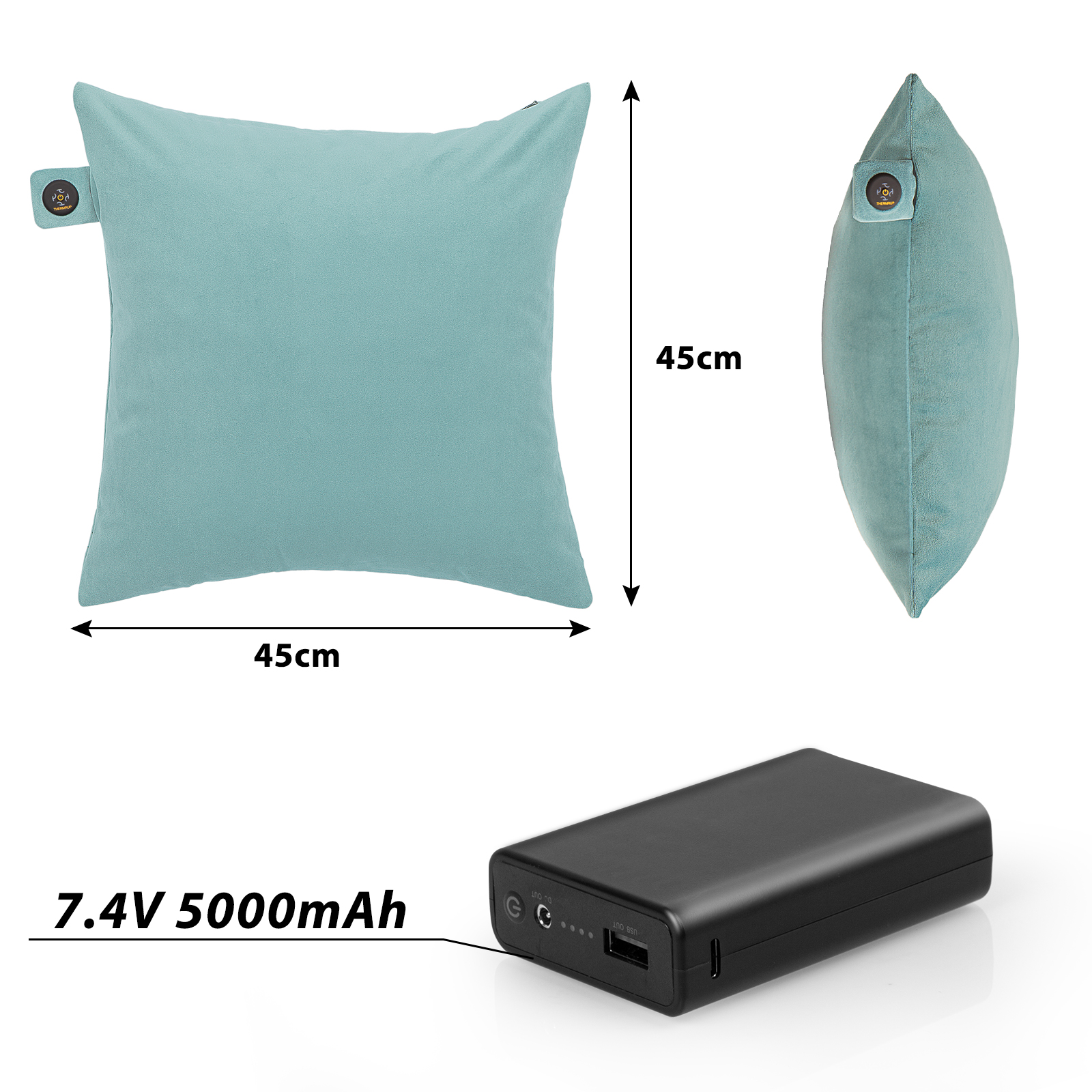 Blaues Kissen mit Abmessungen und eine schwarze Powerbank. Text auf der Powerbank.