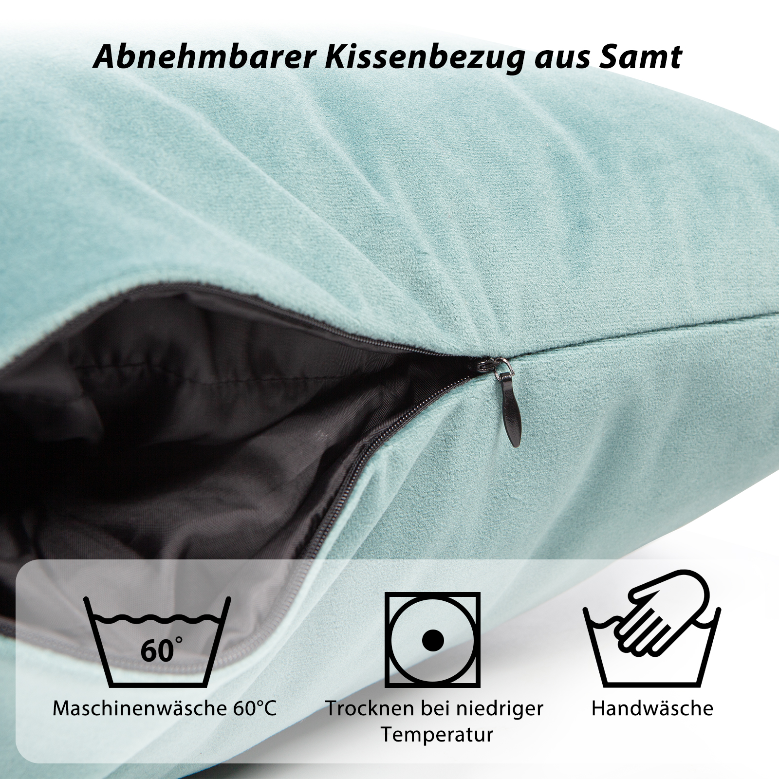 Nahaufnahme eines hellblauen Kissens mit Reißverschluss und Waschhinweis-Symbolen.