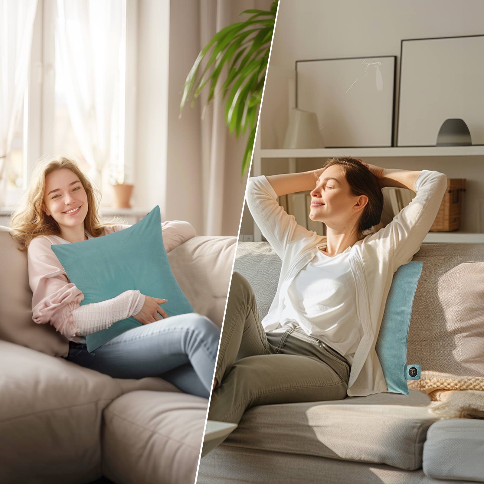 Zwei Personen entspannen auf einem Sofa, eine mit Kissen, die andere mit Kissen am Rücken.