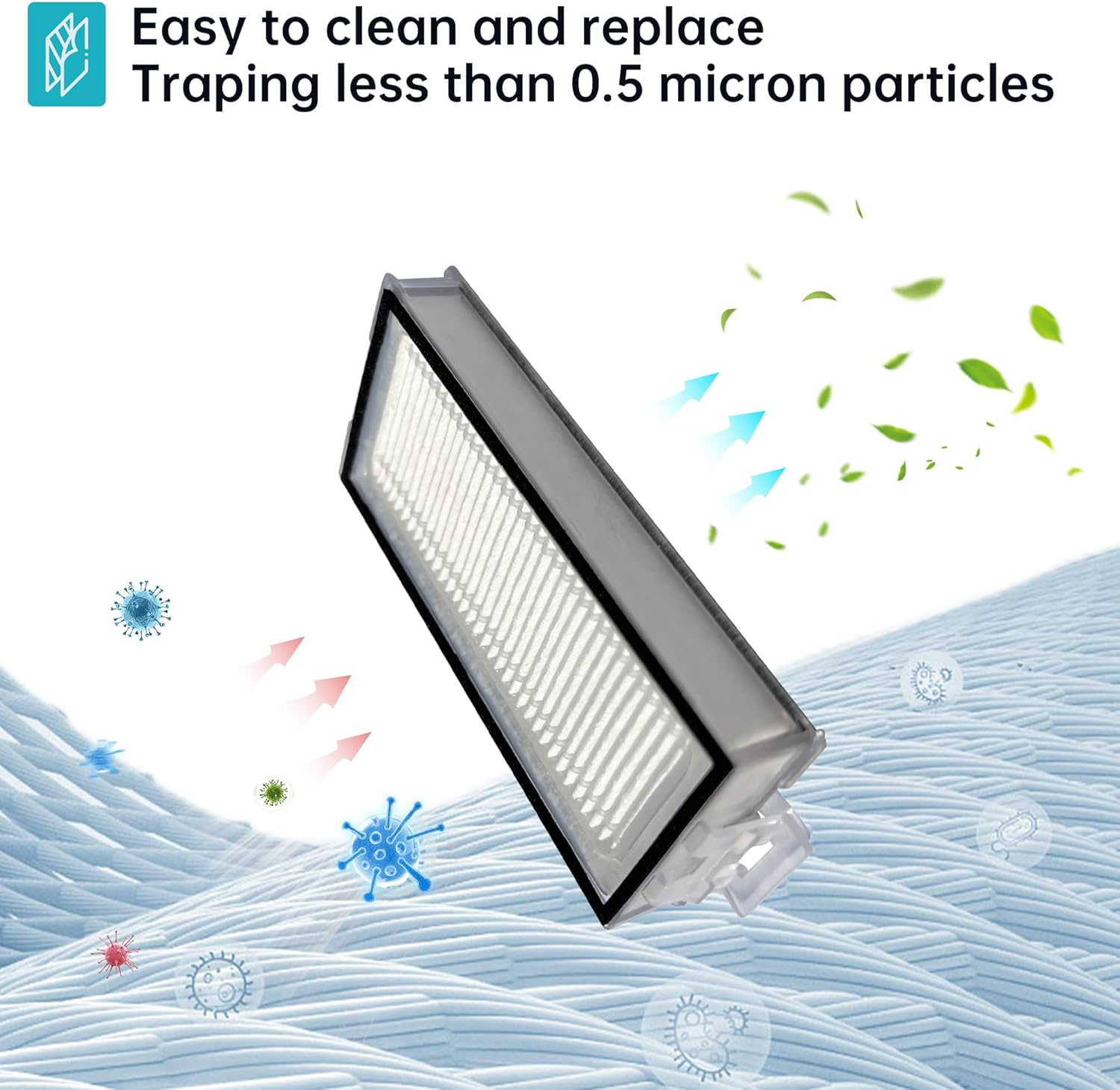 Biały filtr z czarną ramką, otoczony niebieskimi i zielonymi kształtami.