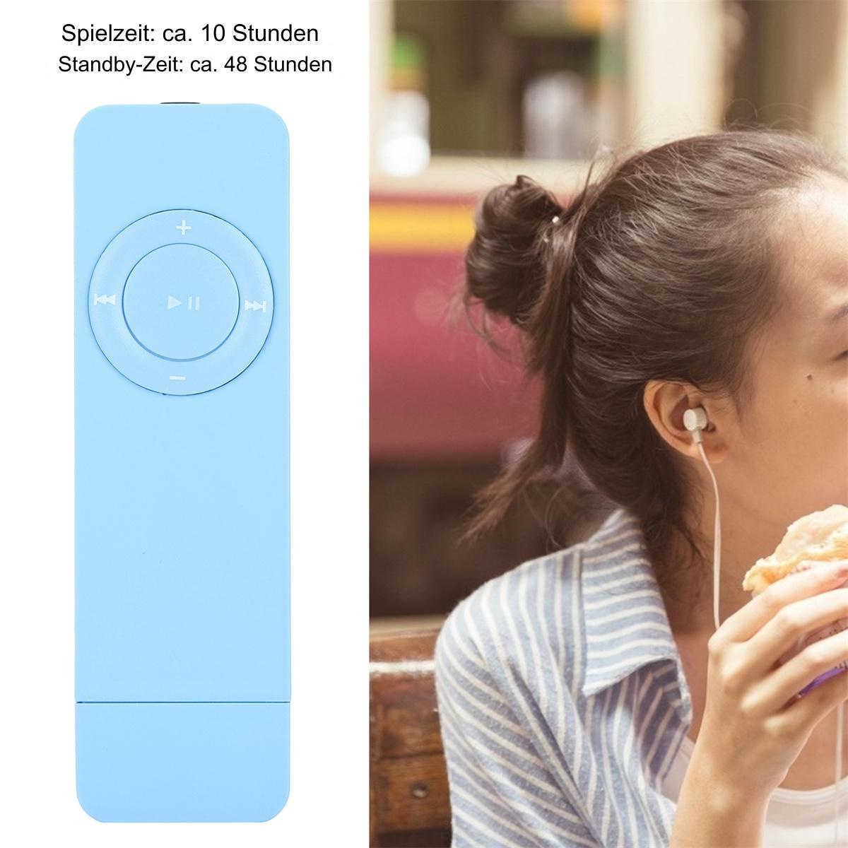 Blauer Musikplayer neben einer Person, die isst. Spielzeit: 10 Stunden, Standby: 48 Stunden.