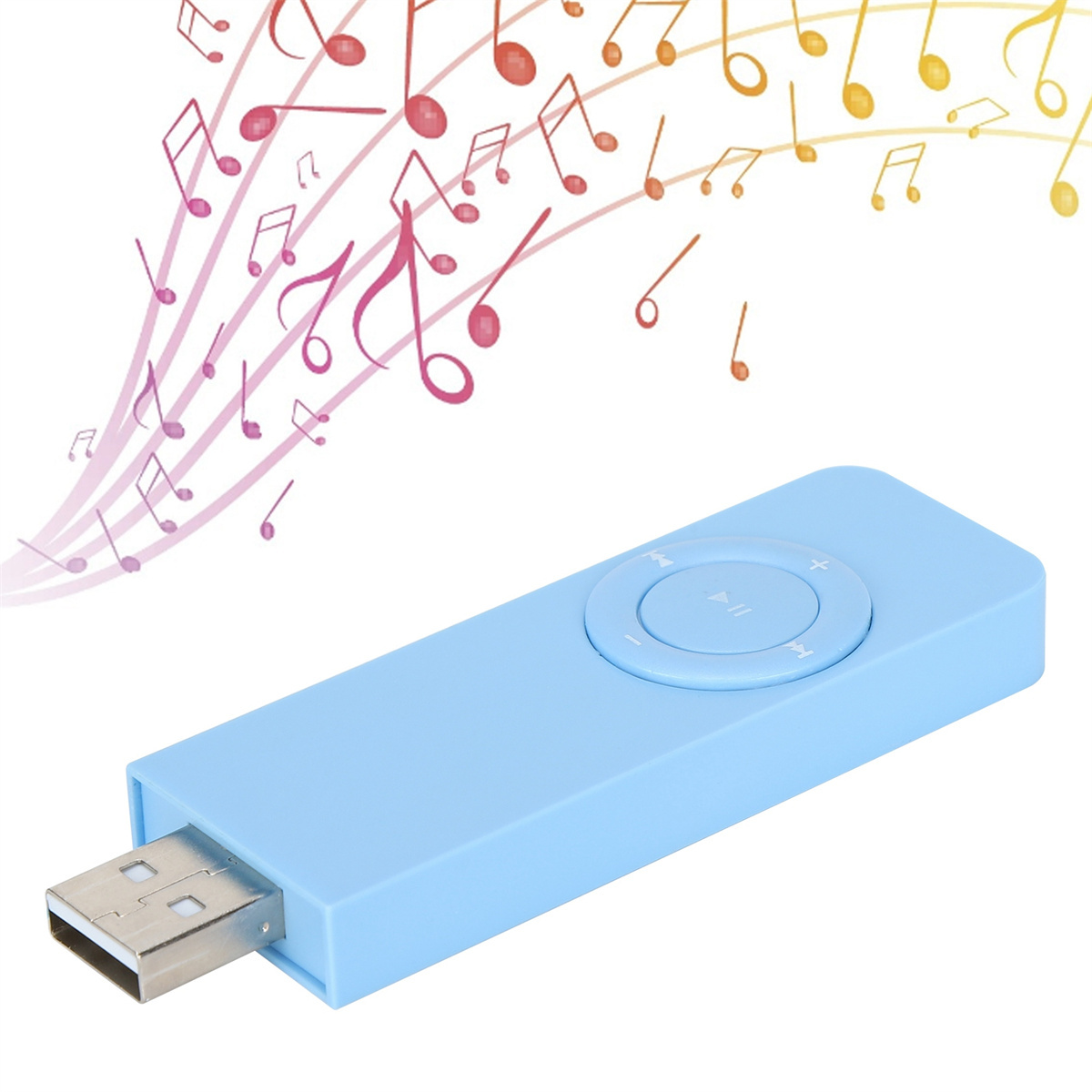 Blauer USB-MP3-Player mit Bedienelementen, Musiknoten-Grafik. Weißer Hintergrund.