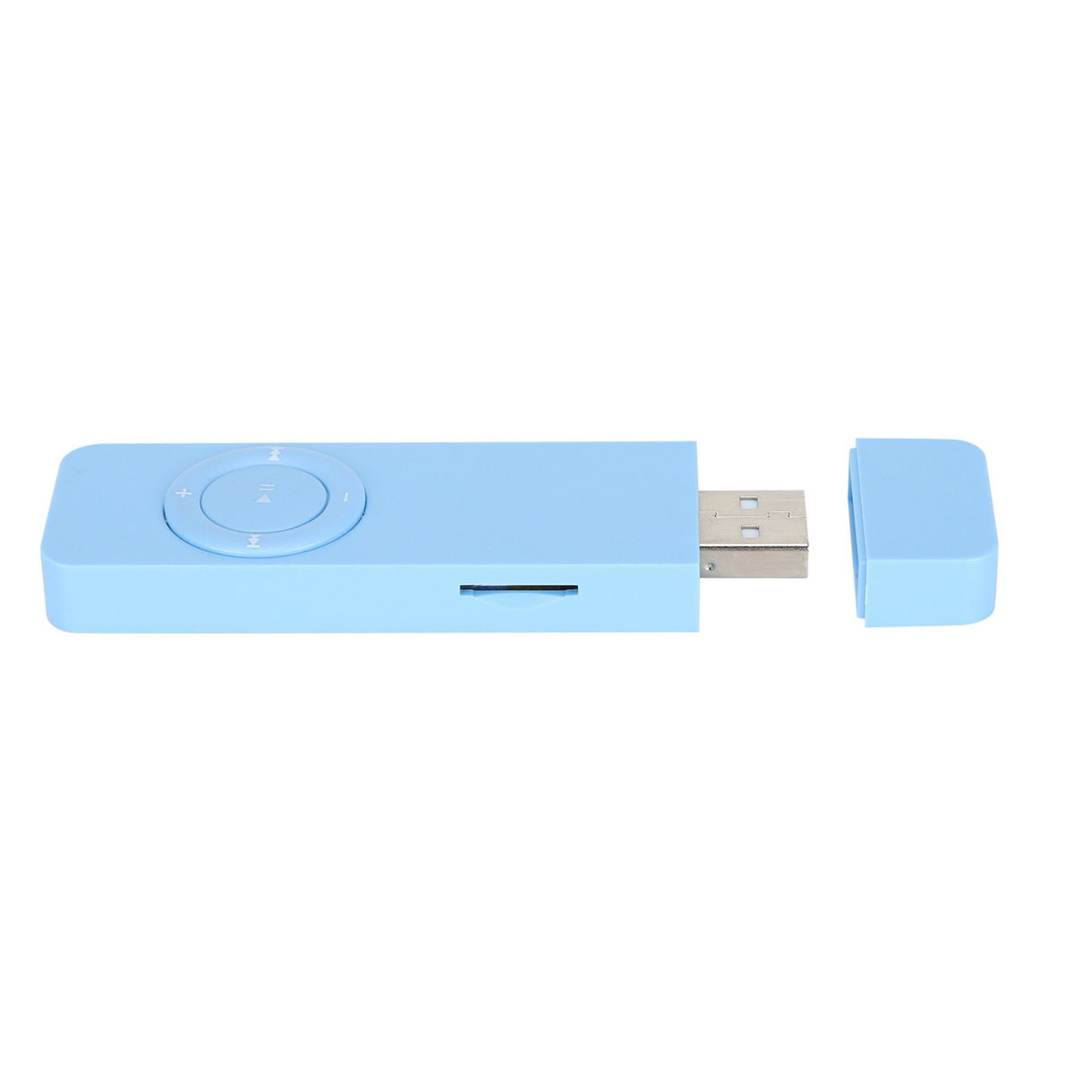 Blauer MP3-Player mit Knöpfen und einem Schlitz. Weißer Hintergrund.