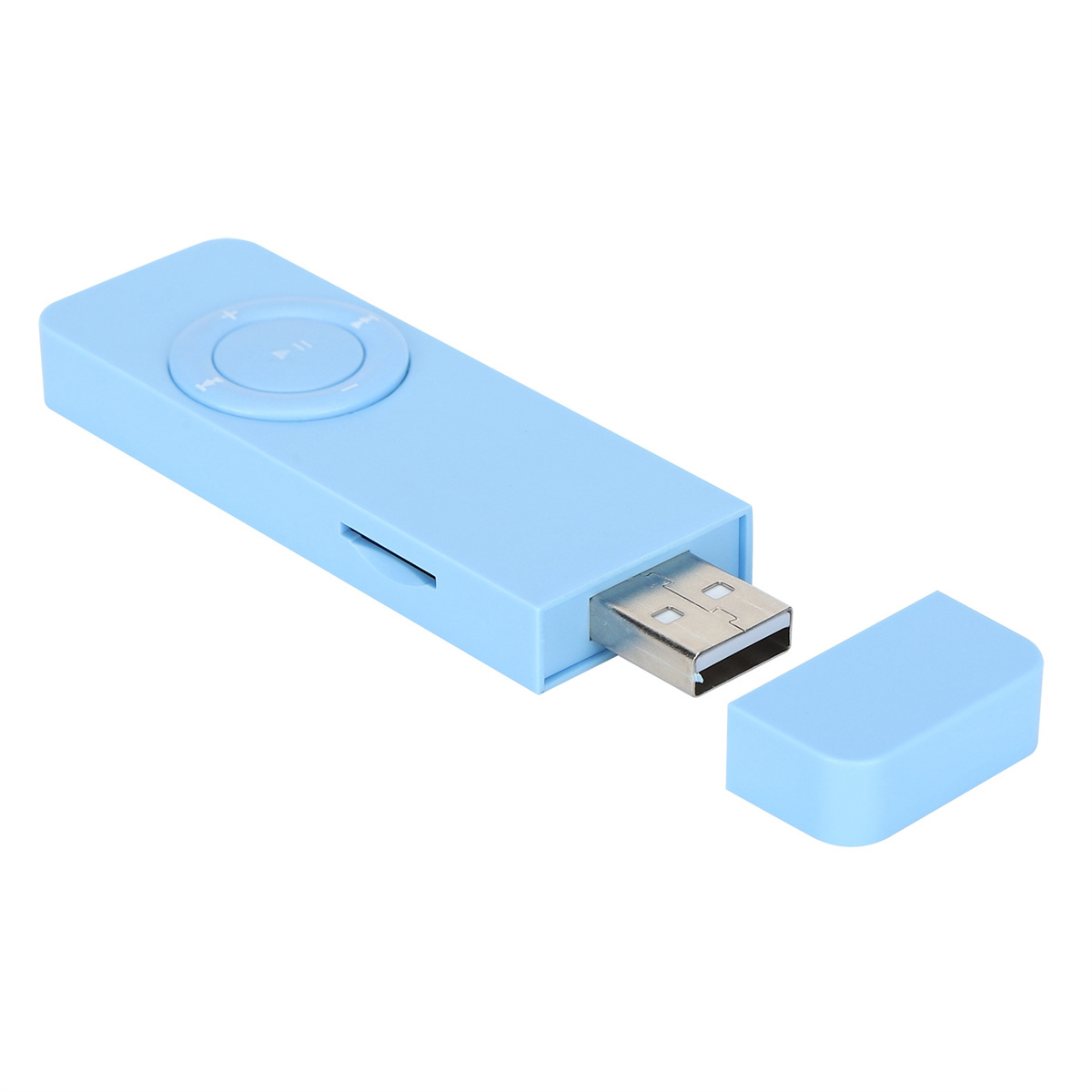 Blauer MP3-Player mit Knöpfen und USB-Anschluss. Abnehmbare Abdeckung. Weißer Hintergrund.