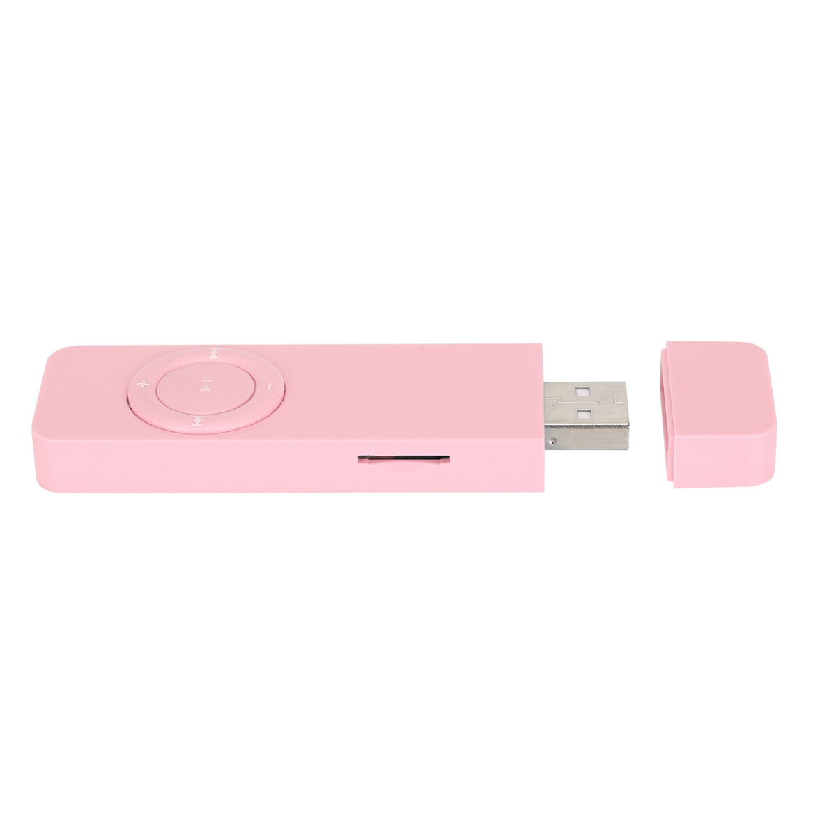 Rosa USB-Laufwerk mit Steuertasten und abnehmbarer Kappe, vor weißem Hintergrund.