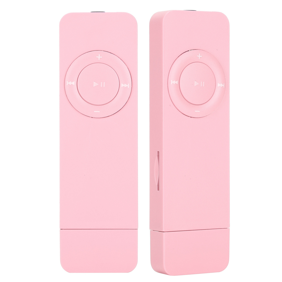 Zwei rosa MP3-Player, jeder mit einem kreisförmigen Bedienfeld. Einer zeigt die Seite mit einem Anschluss.