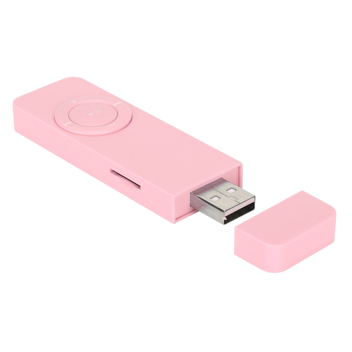 Rosa, rechteckiger MP3-Player mit USB-Anschluss und rosa Kappe. Es hat Steuertasten.