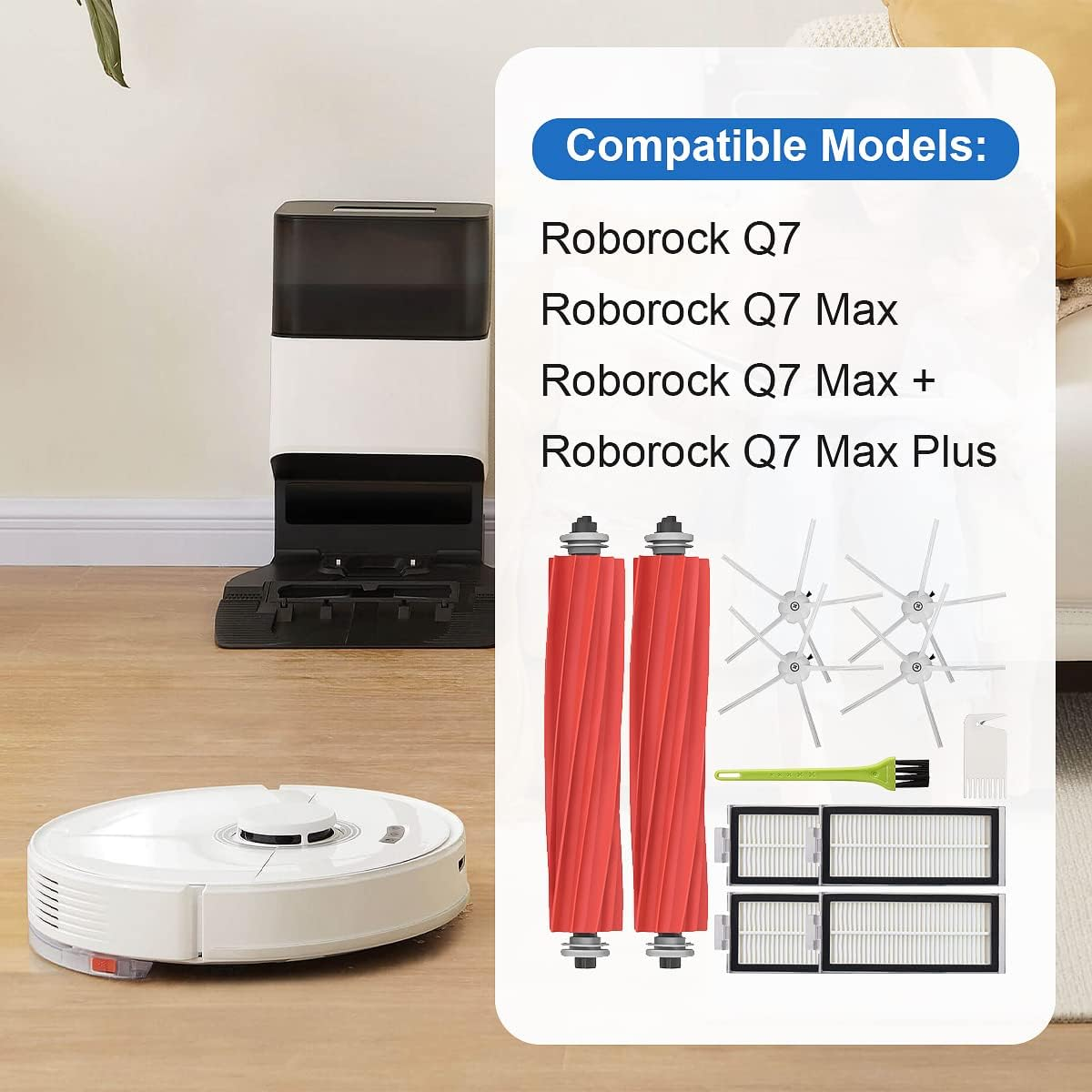 Odkurzacz robot i różne części zamienne są pokazane. Tekst wymienia kompatybilne modele.