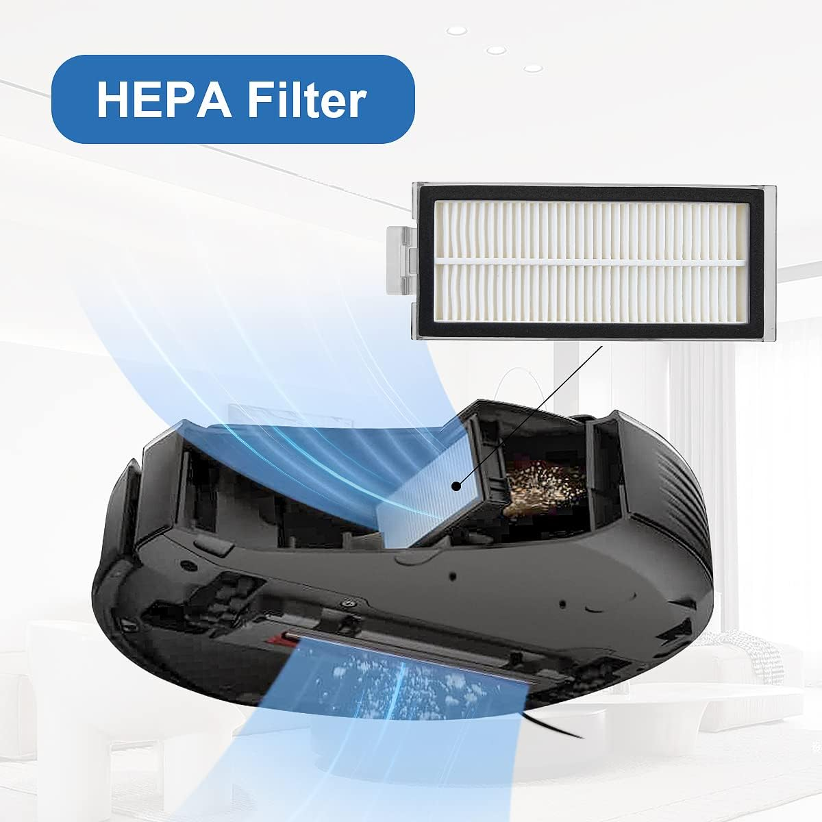 Odkurzacz robot z otwartą komorą, pokazujący filtr HEPA.