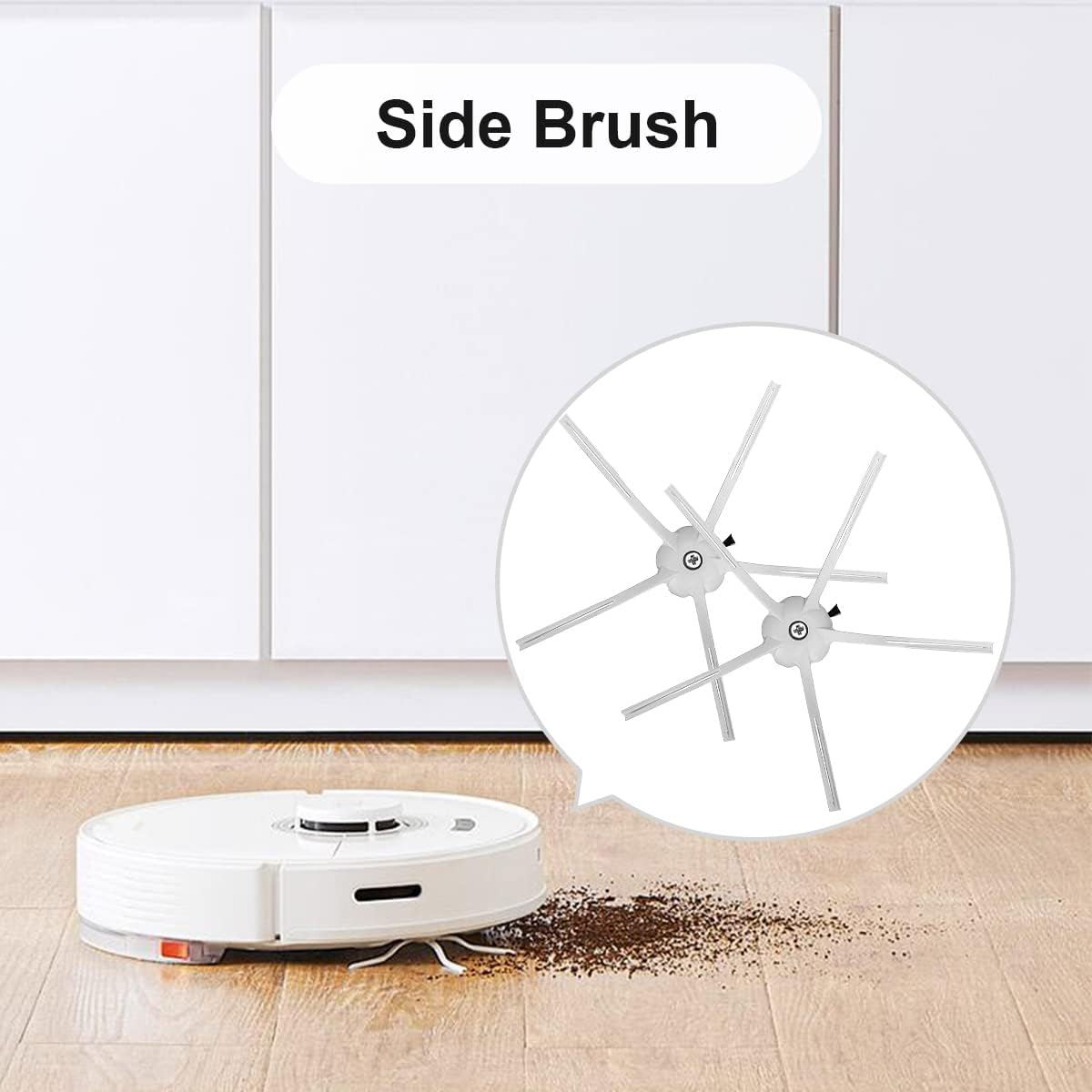 Biały robot sprzątający i zbliżenie szczotek bocznych, z zanieczyszczeniami rozrzuconymi na podłodze.