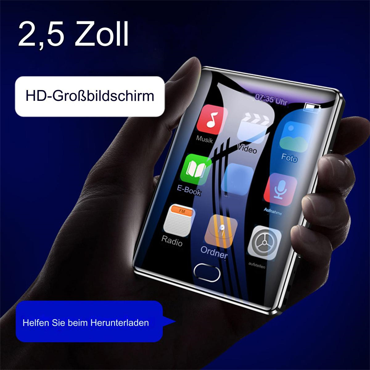 Eine Hand hält einen kleinen schwarzen Mediaplayer mit Touchscreen und App-Symbolen.