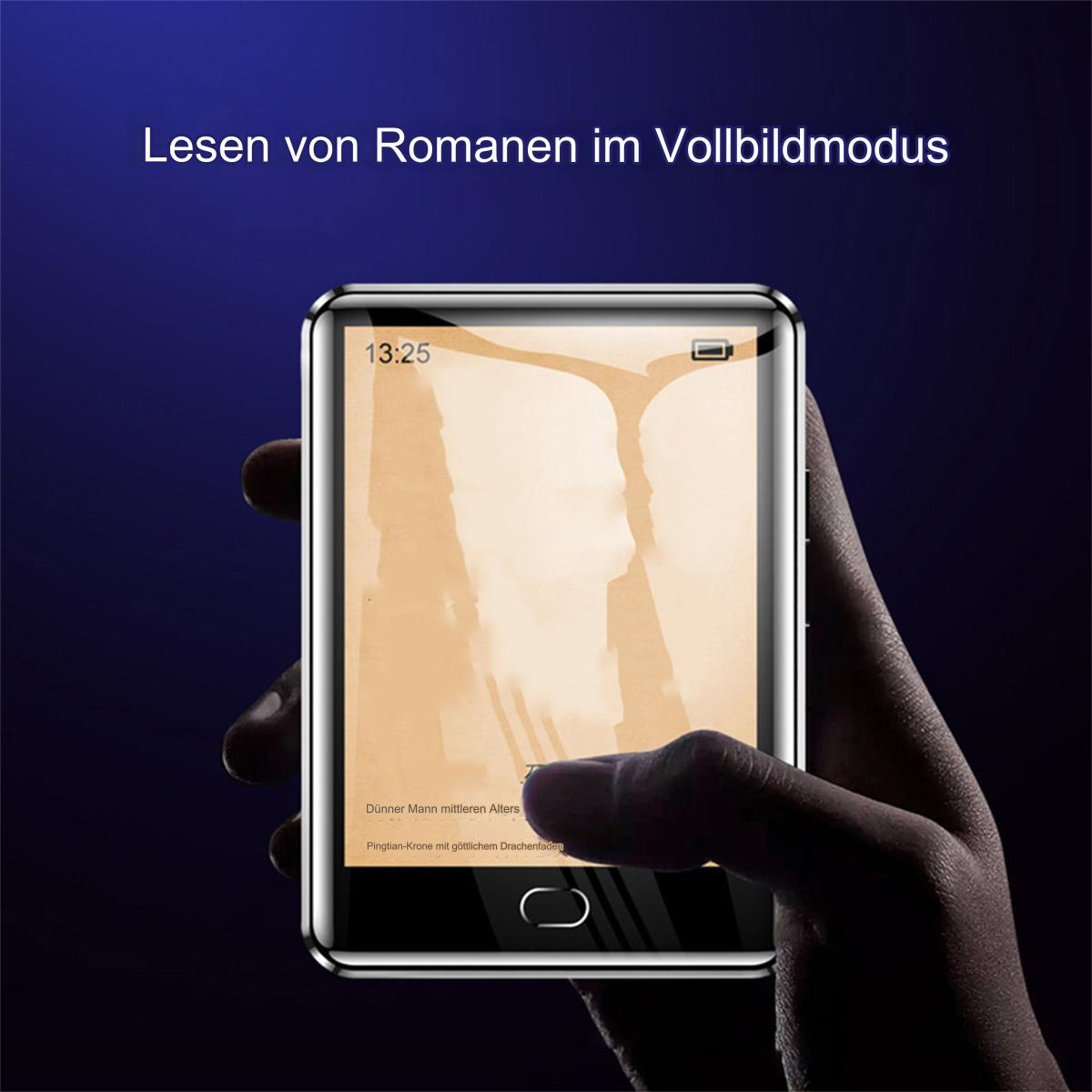 Hand, die ein Telefon hält, das Text liest. Blauer Hintergrund.