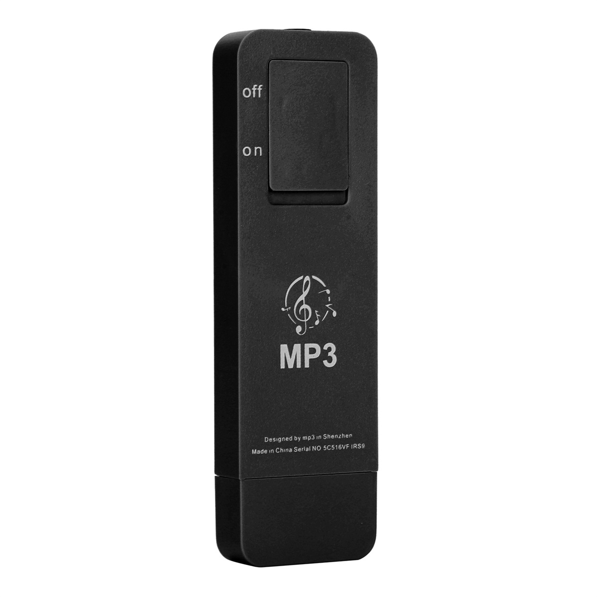 Schwarzer, rechteckiger MP3-Player mit Ein-/Ausschalter und MP3-Logo. Hintergrund: Weiß.