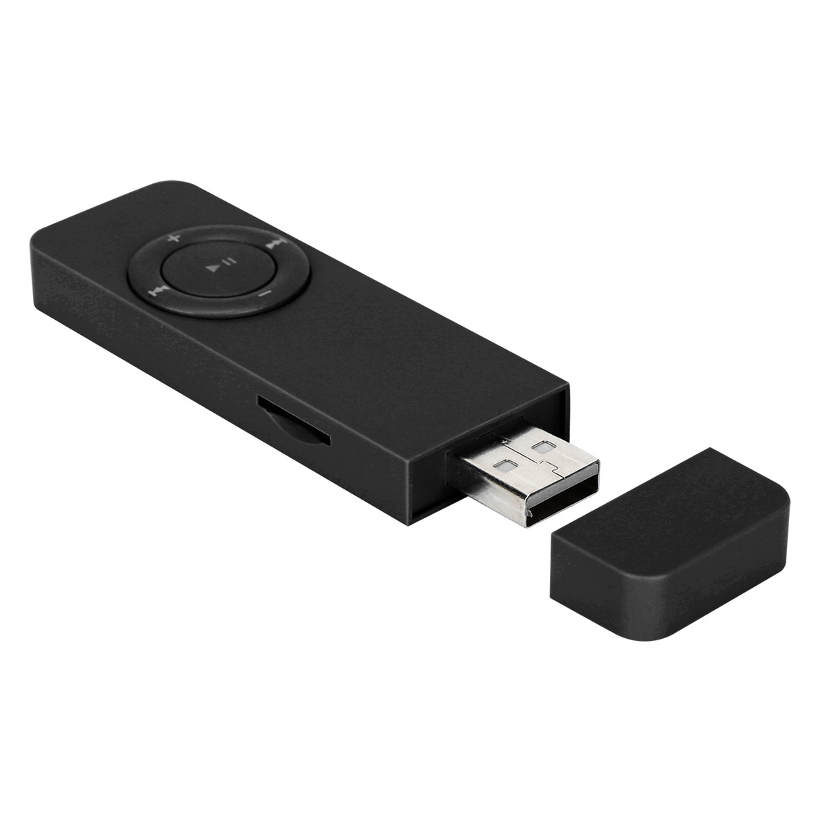 Ein schwarzer USB-Musikplayer mit kleinem Bildschirm und Steuertasten. Ein Deckel liegt neben dem USB.