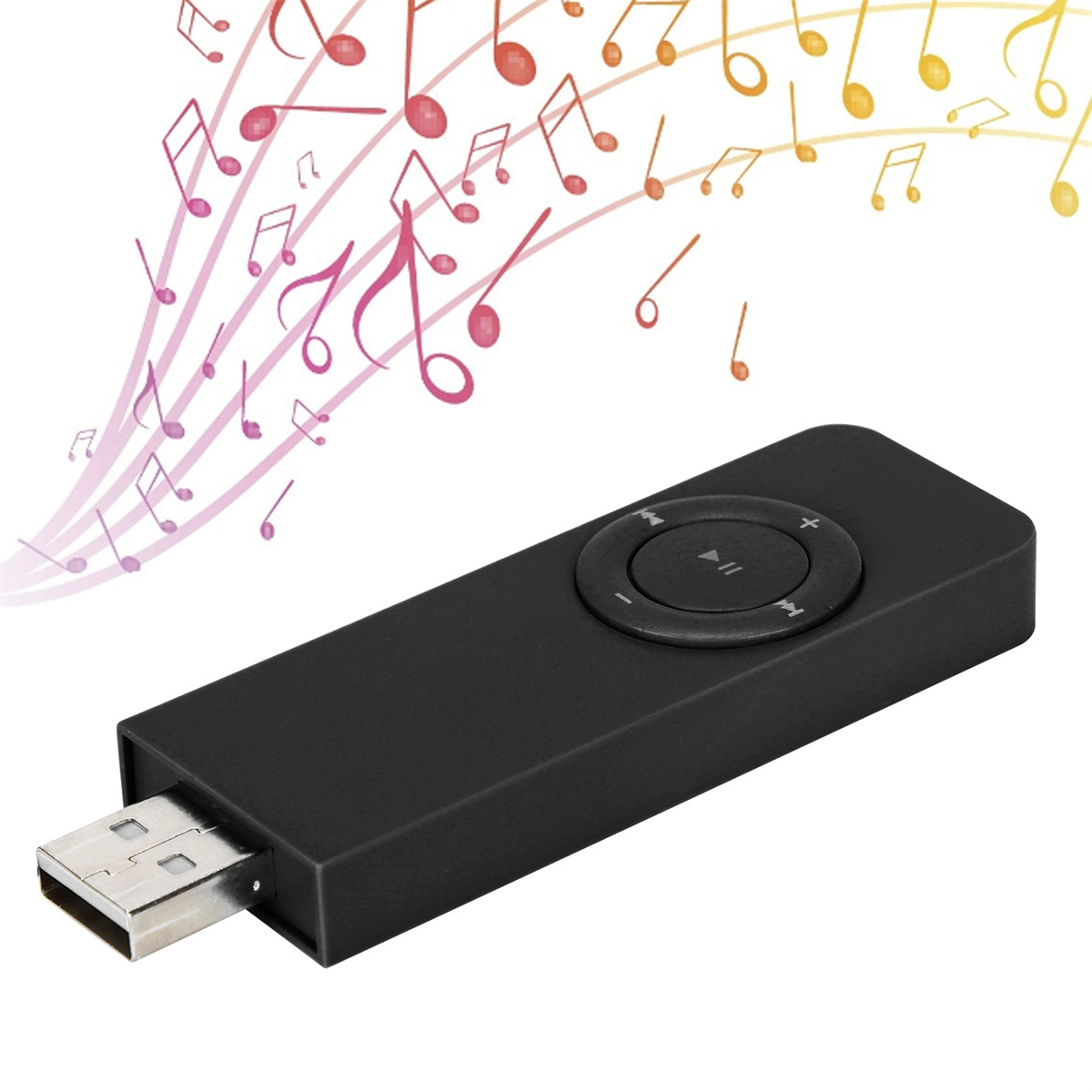 Schwarzer USB-Musikplayer mit Steuertasten, mit Noten im Hintergrund.