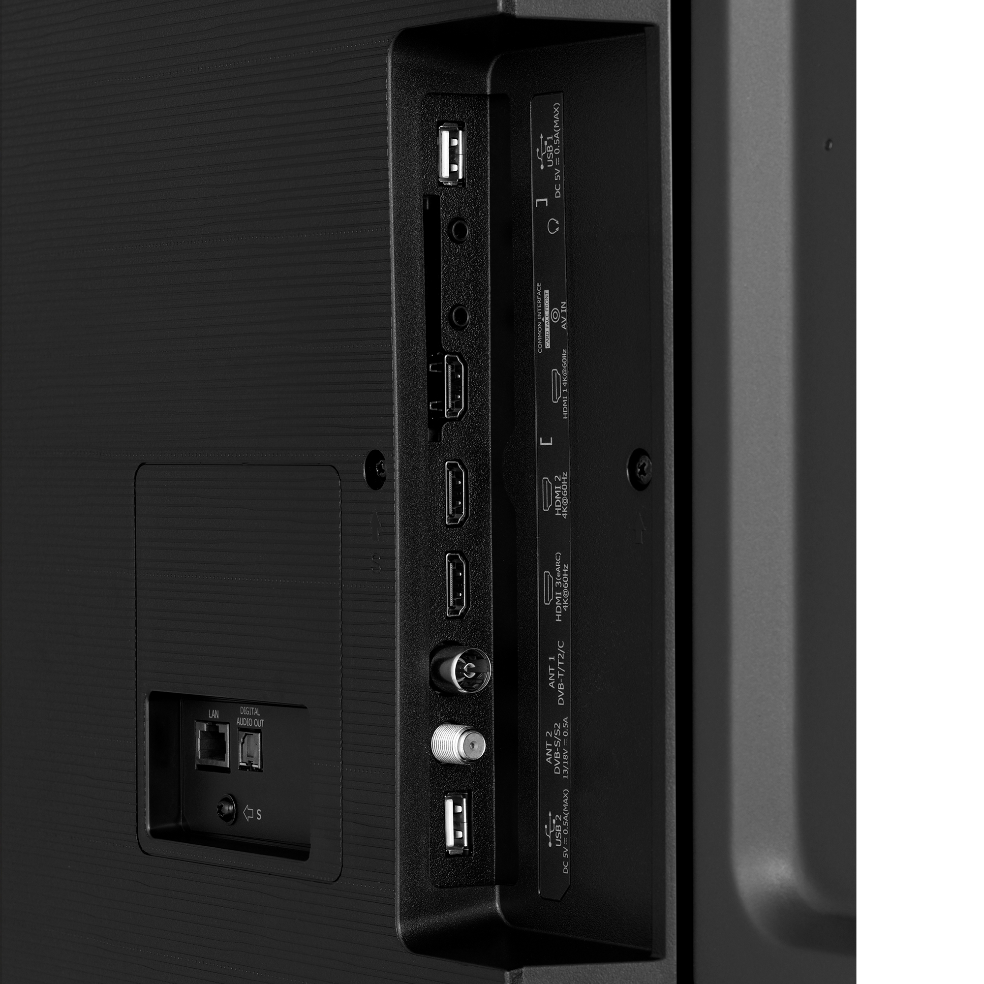 Zbliżenie tylnego panelu telewizora z różnymi portami i złączami.