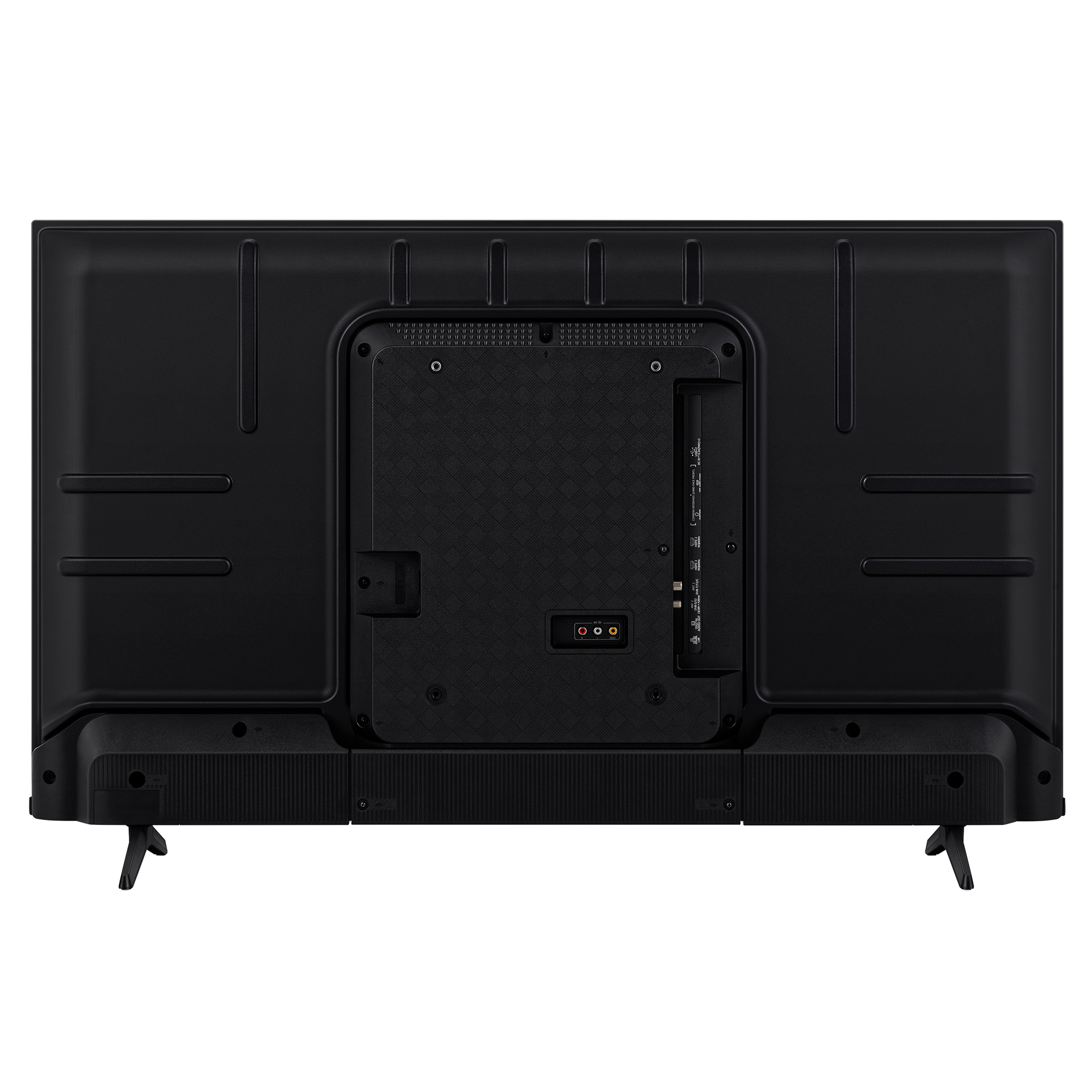 Czarny tył telewizora z portami i otworami wentylacyjnymi na białym tle.