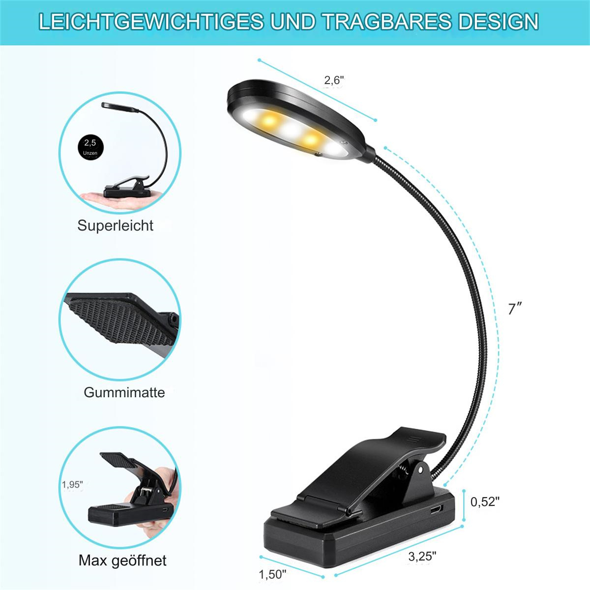 Eine schwarze Leselampe mit flexiblem Hals und Clip. Das Licht hat drei LEDs.