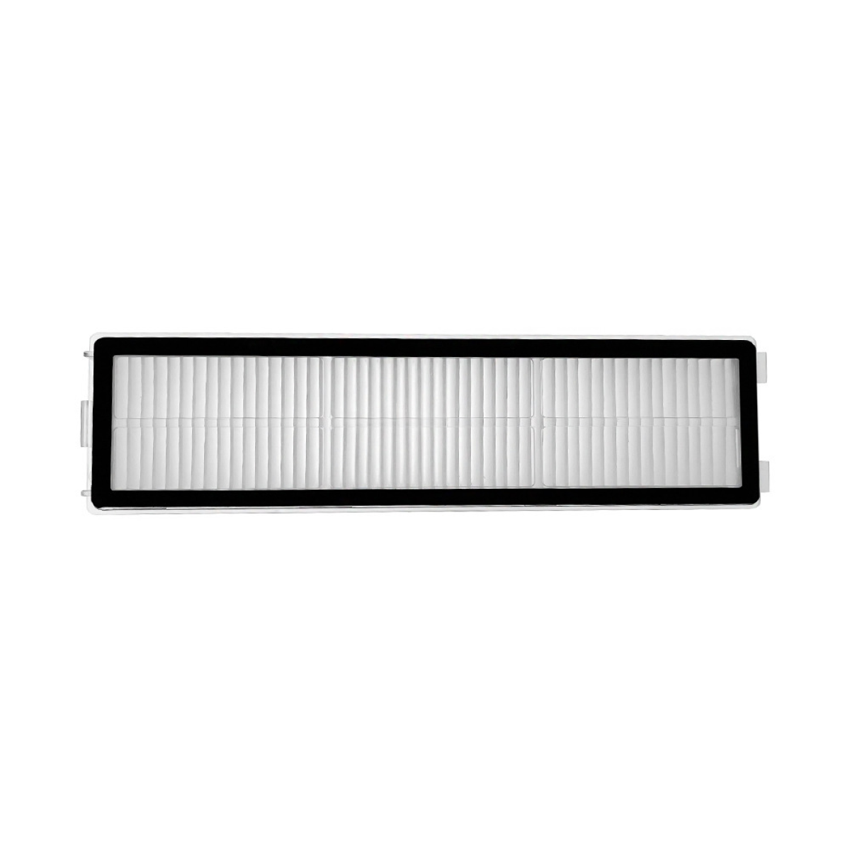 Rechteckiger Staubsaugerfilter mit schwarzem Rahmen und weißem Filtermedium.