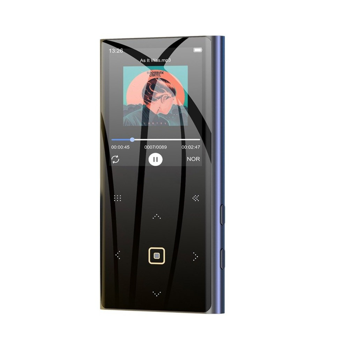 Ein schwarz-blauer MP3-Player, der ein Albumcover und Wiedergabesteuerungen auf dem Bildschirm zeigt.